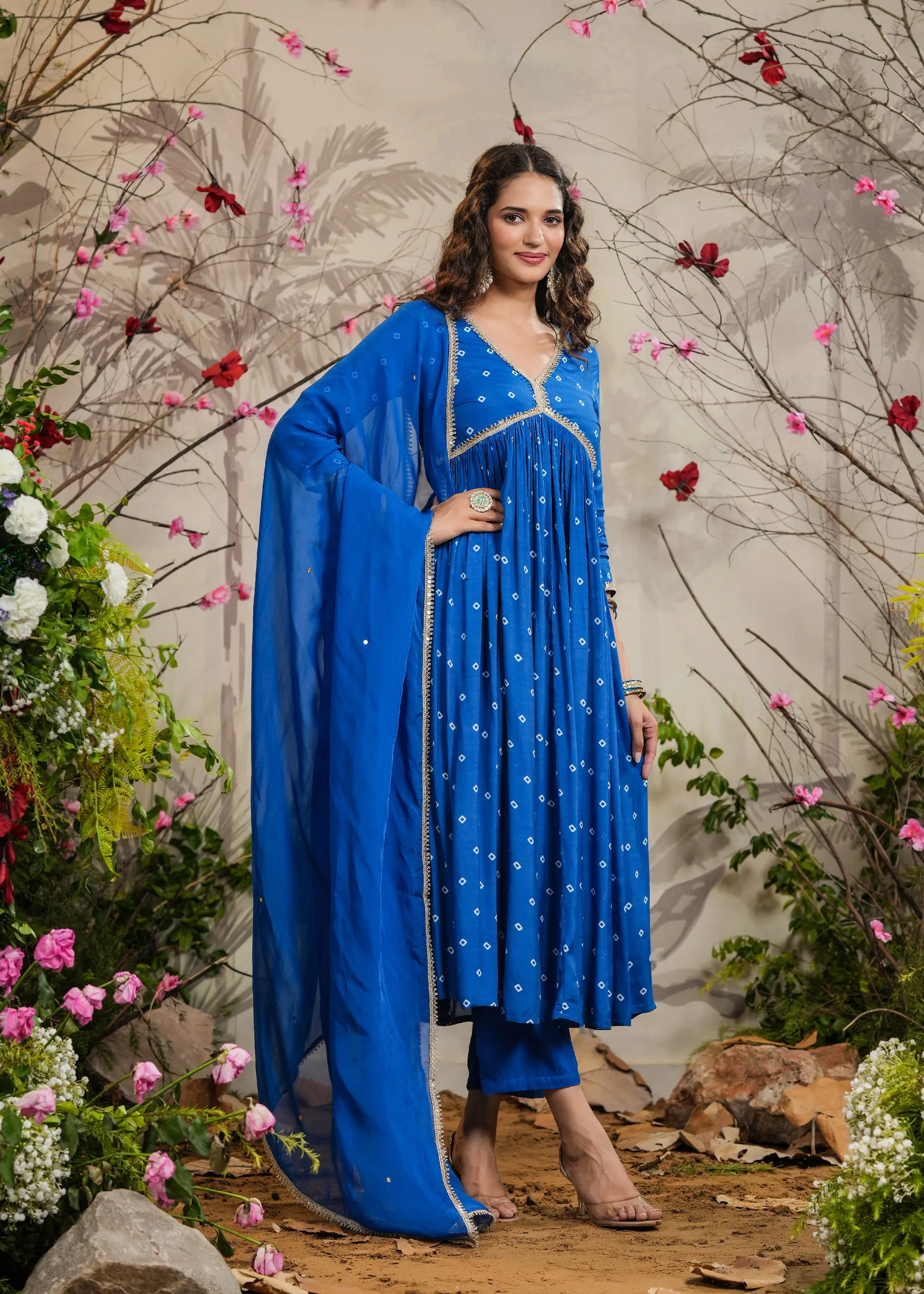 Meenal Blue Bandhej Alia Cut Kurti With Pant & Dupatta