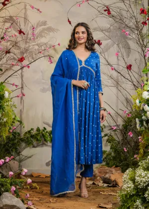 Meenal Blue Bandhej Alia Cut Kurti With Pant & Dupatta