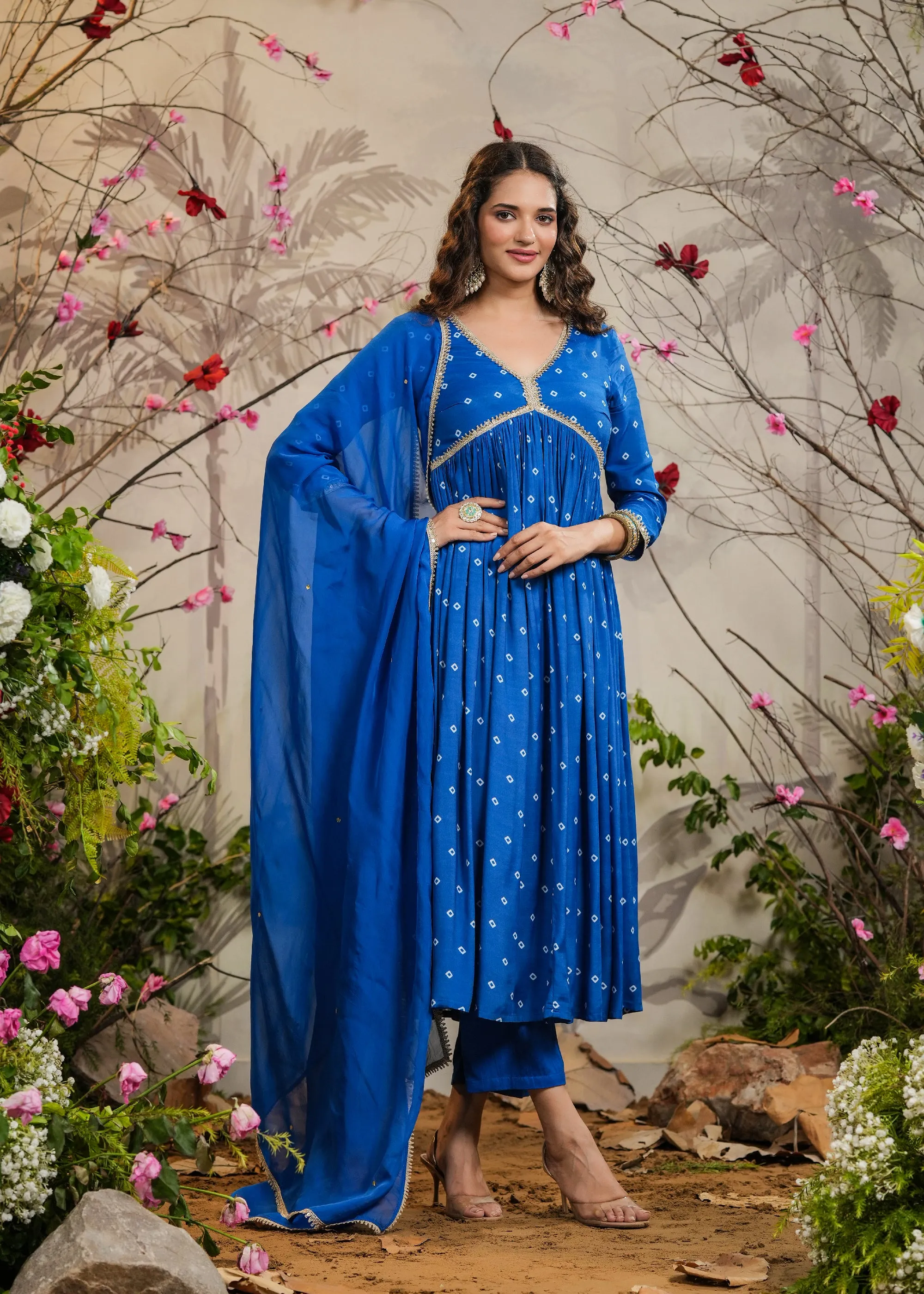Meenal Blue Bandhej Alia Cut Kurti With Pant & Dupatta