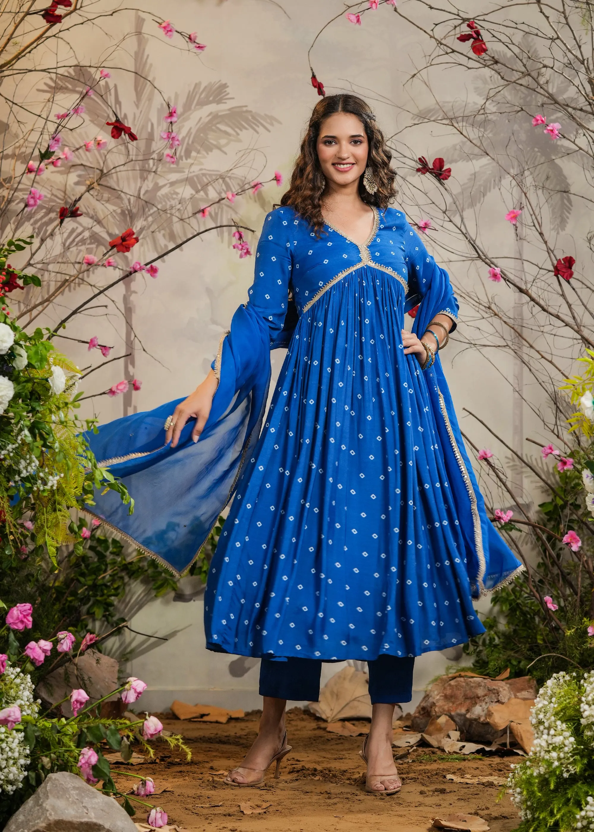 Meenal Blue Bandhej Alia Cut Kurti With Pant & Dupatta