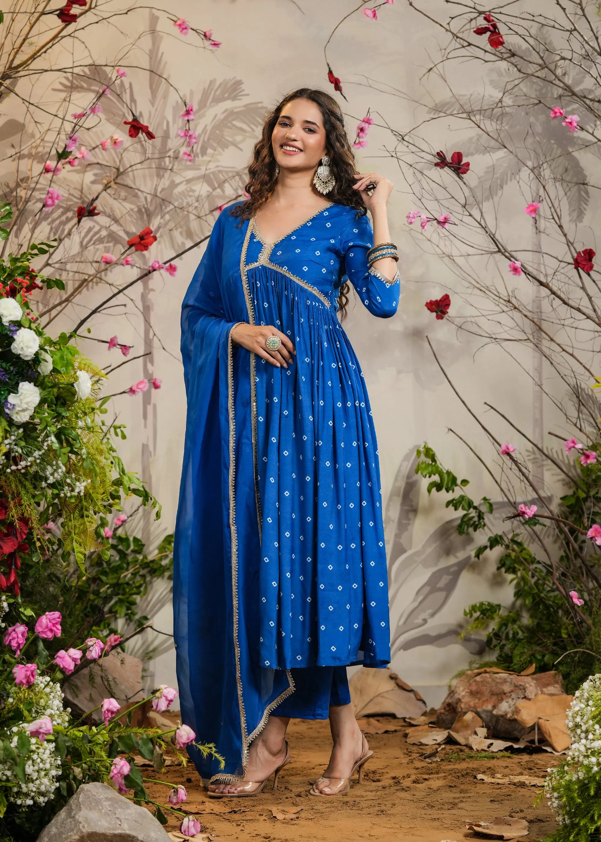 Meenal Blue Bandhej Alia Cut Kurti With Pant & Dupatta
