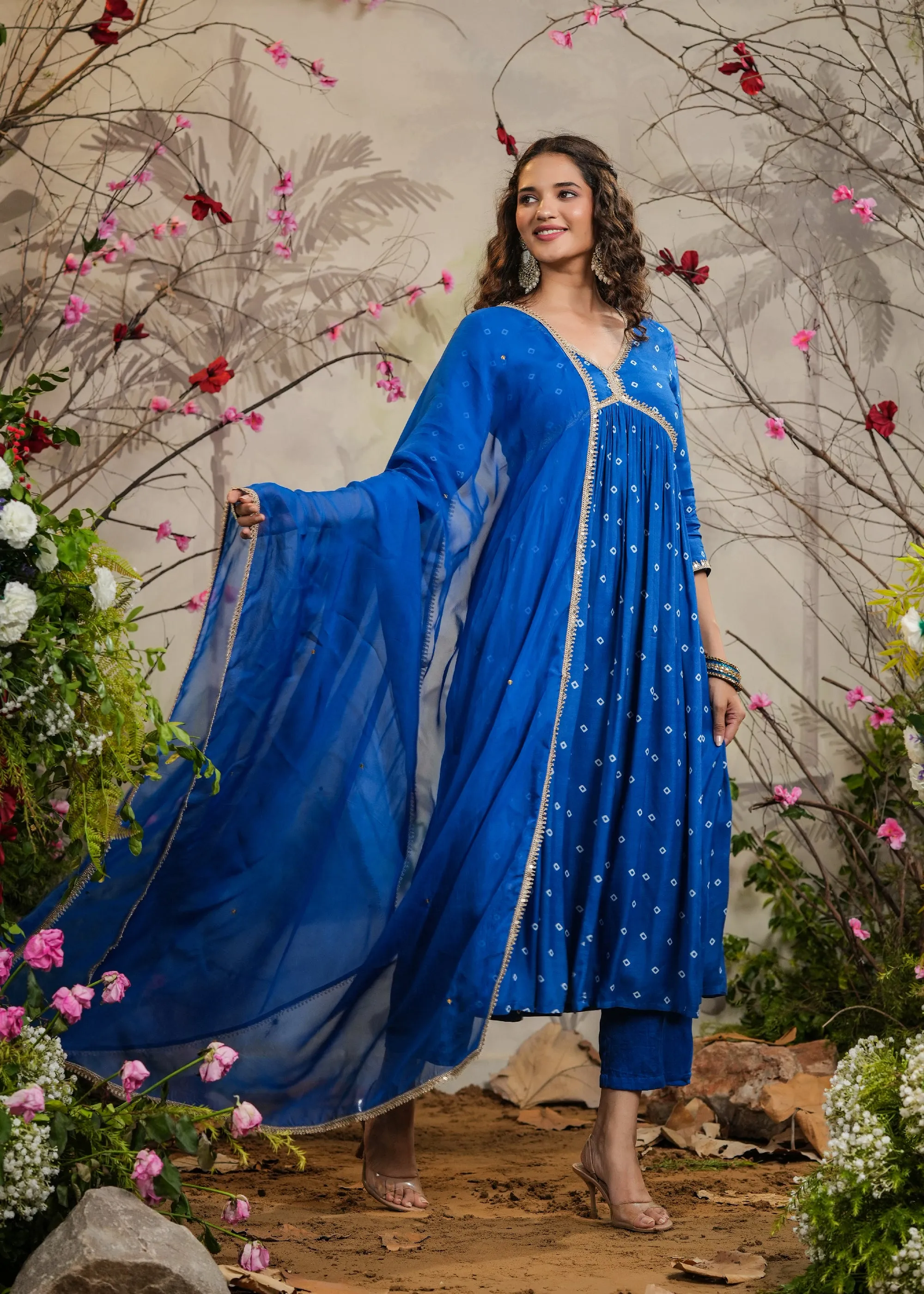 Meenal Blue Bandhej Alia Cut Kurti With Pant & Dupatta