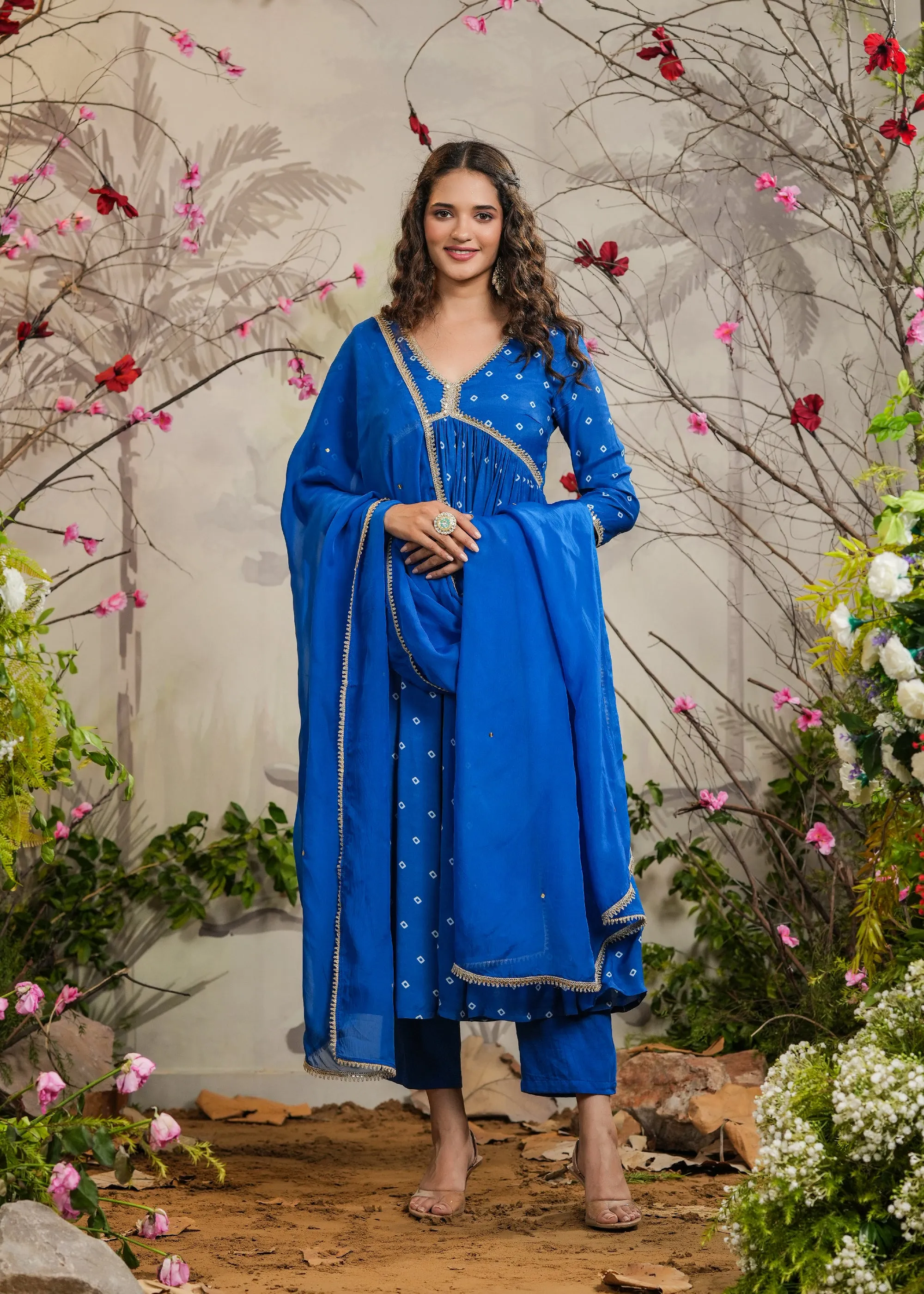 Meenal Blue Bandhej Alia Cut Kurti With Pant & Dupatta
