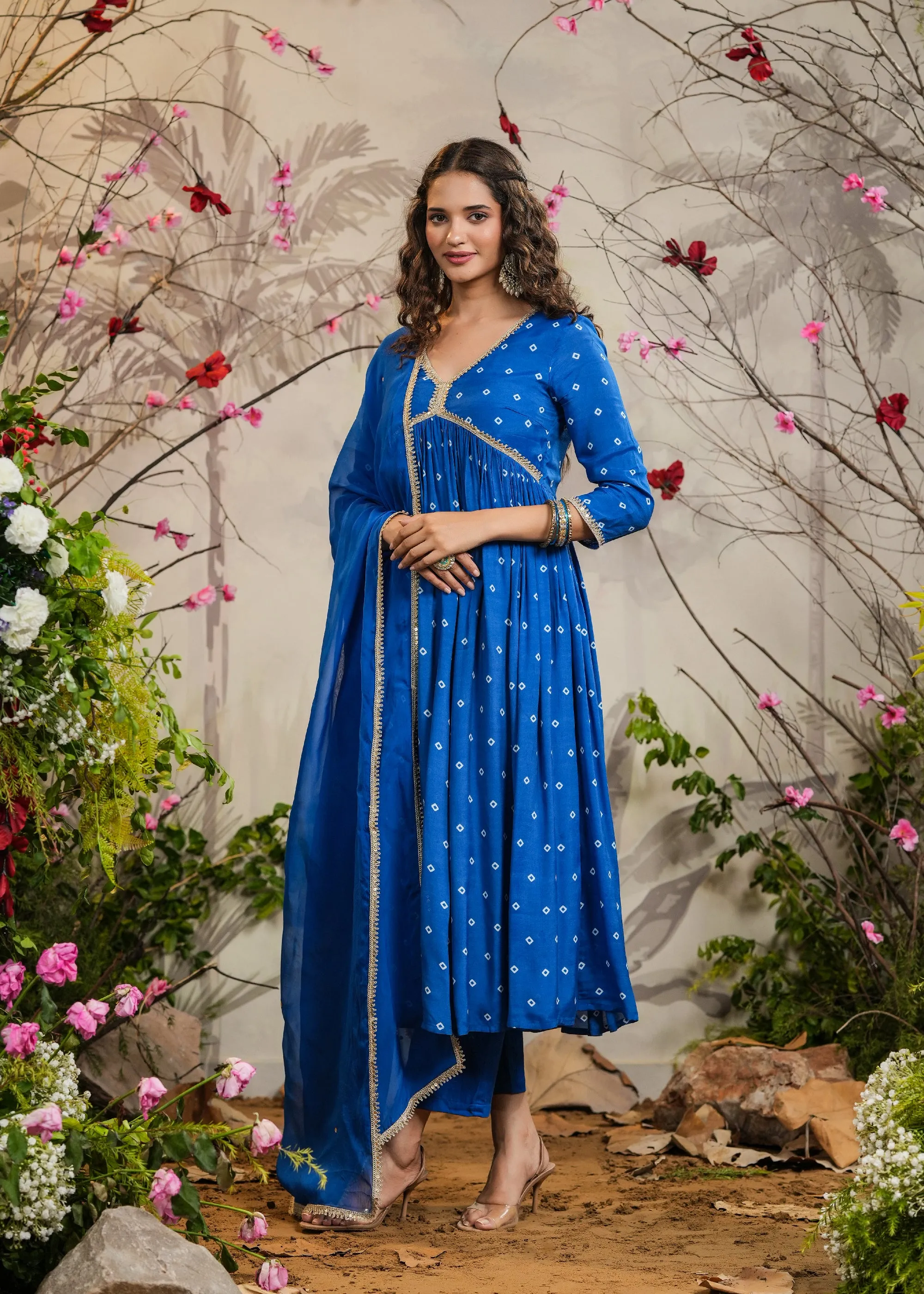 Meenal Blue Bandhej Alia Cut Kurti With Pant & Dupatta
