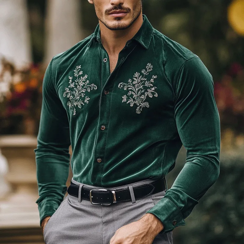 Men's Fashion Embroidery Lapel Long Sleeve Velvet Shirt 63983272Z