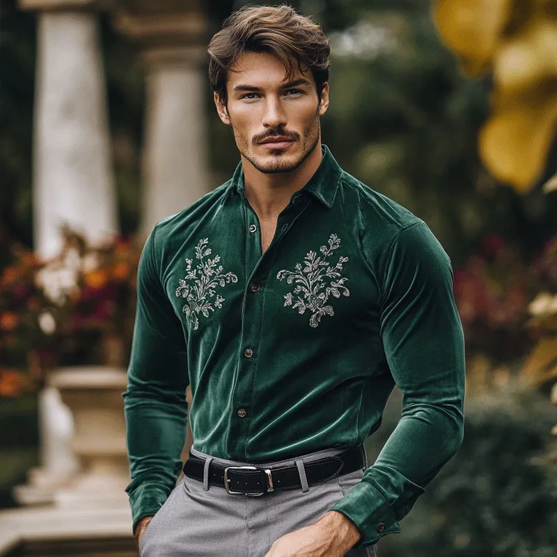 Men's Fashion Embroidery Lapel Long Sleeve Velvet Shirt 63983272Z