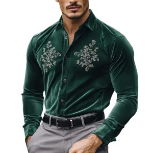 Men's Fashion Embroidery Lapel Long Sleeve Velvet Shirt 63983272Z