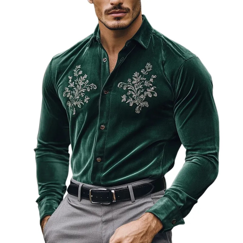 Men's Fashion Embroidery Lapel Long Sleeve Velvet Shirt 63983272Z