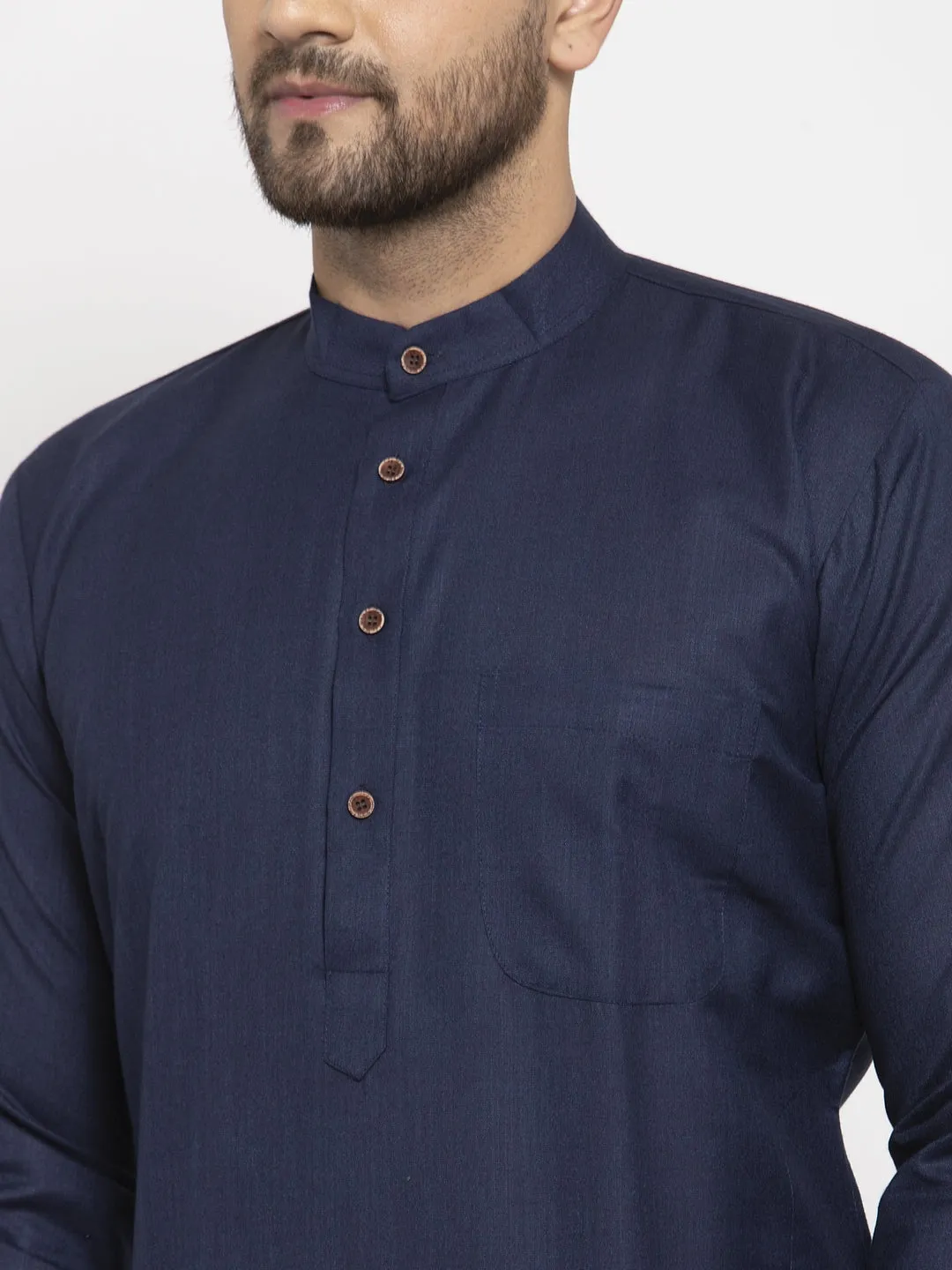 Men's Navy-Blue & White Solid Kurta With Churidar ( Jokp 532 Navy-Blue ) - Virat Fashions