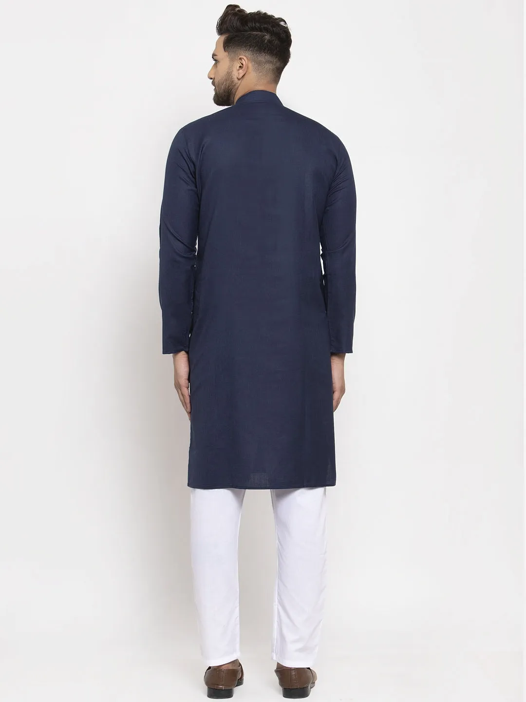 Men's Navy-Blue & White Solid Kurta With Churidar ( Jokp 532 Navy-Blue ) - Virat Fashions