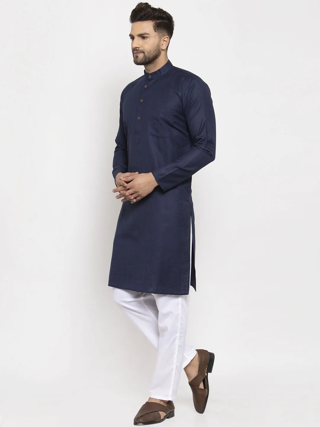 Men's Navy-Blue & White Solid Kurta With Churidar ( Jokp 532 Navy-Blue ) - Virat Fashions