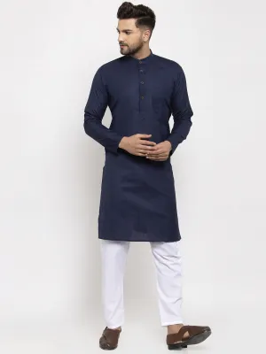 Men's Navy-Blue & White Solid Kurta With Churidar ( Jokp 532 Navy-Blue ) - Virat Fashions