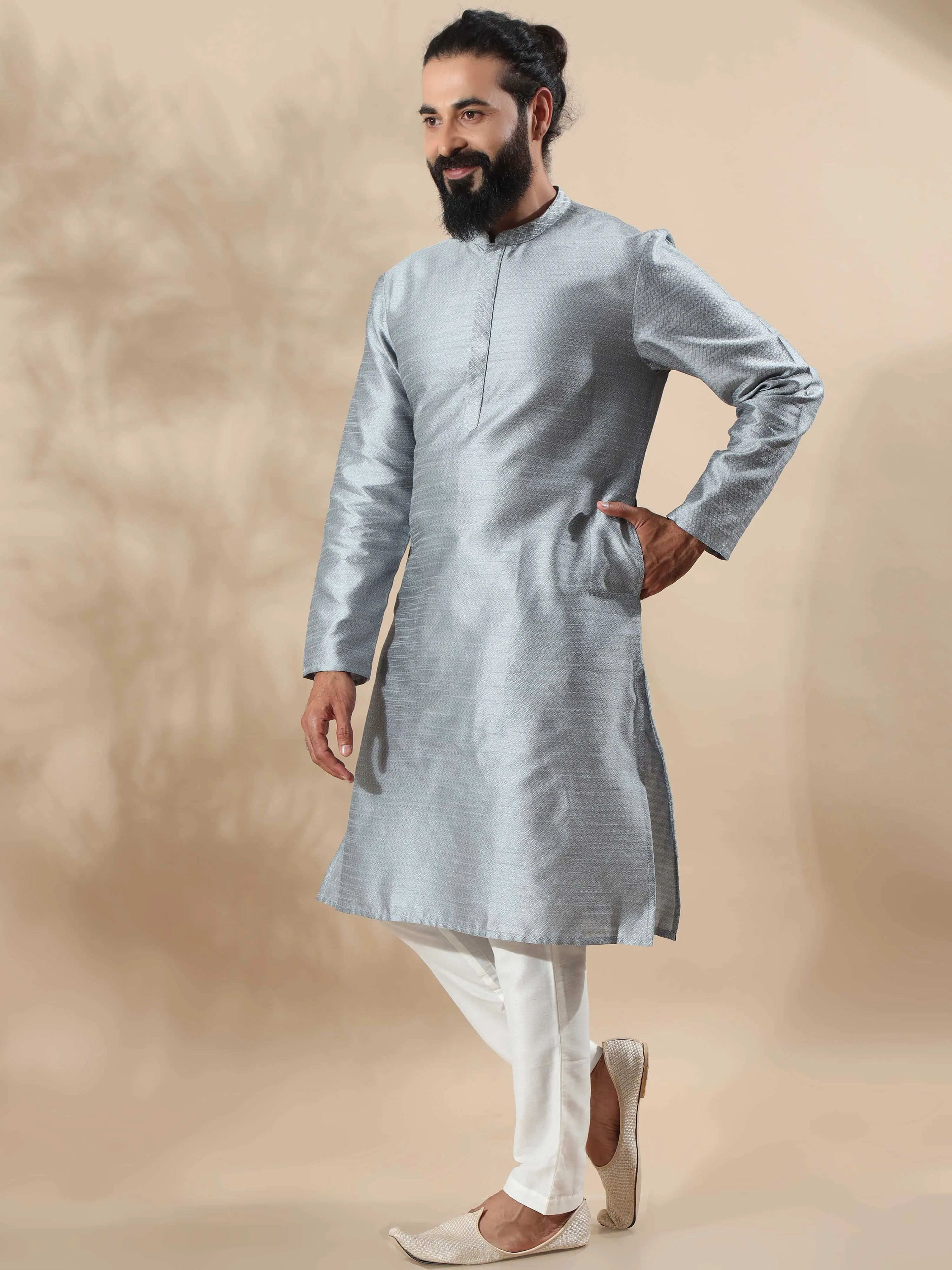 Moon Grey Embroidered Long Kurta