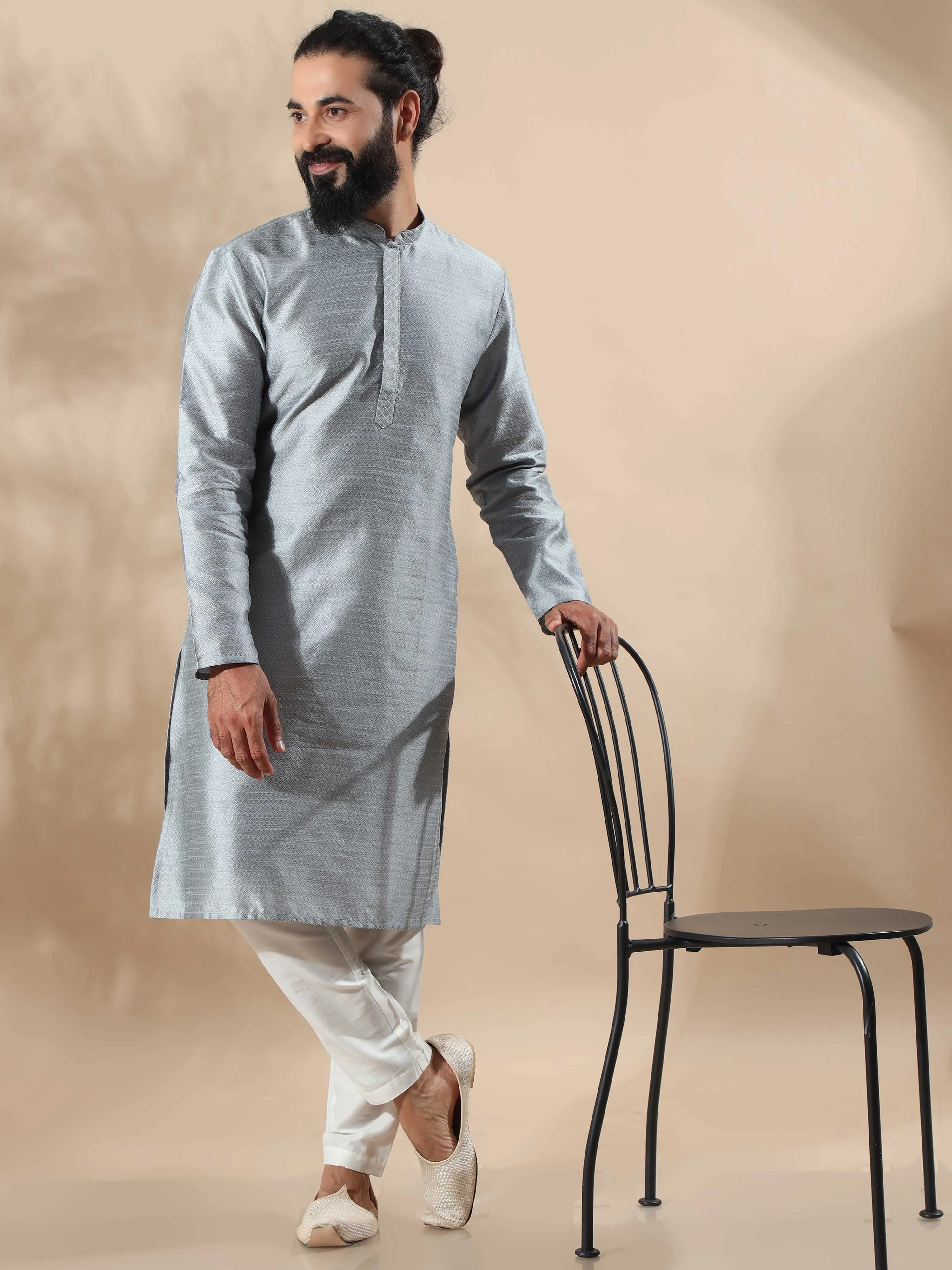 Moon Grey Embroidered Long Kurta