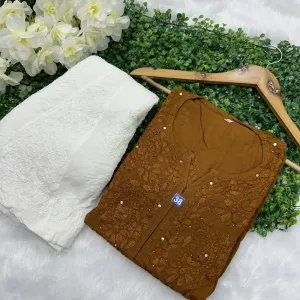Mud Color Elegance in Rayon Mukaish Hand-Embroidered Kurti and Free-Size Sharara Set