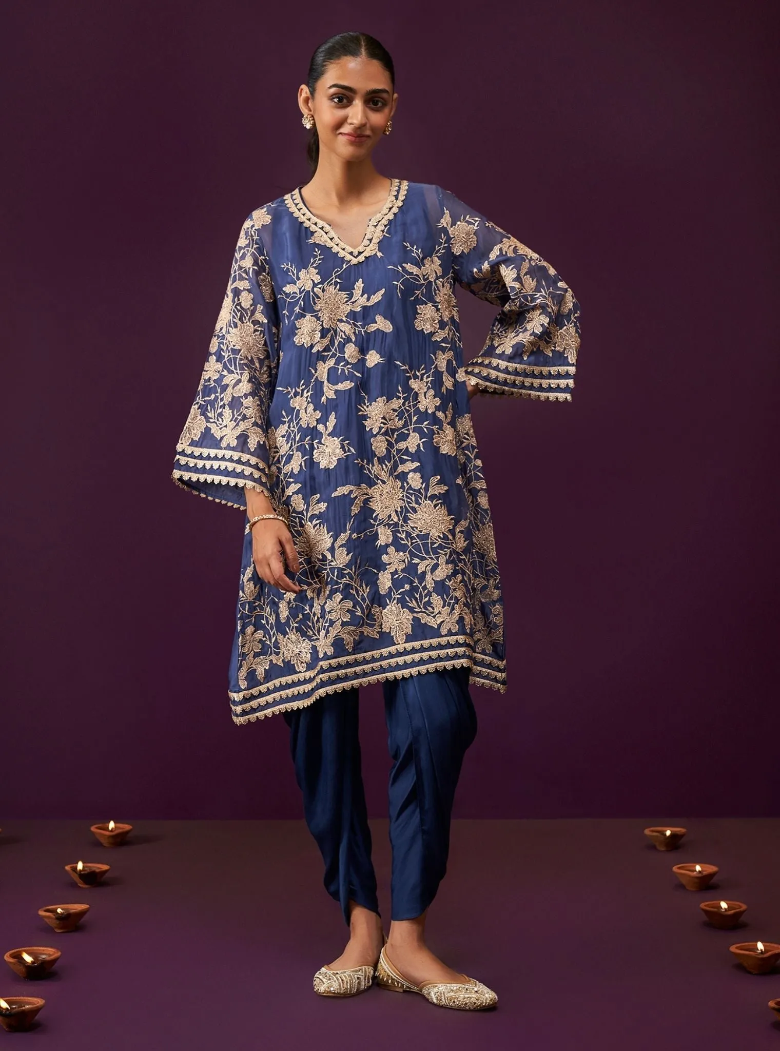 Mulmul Organza Sunee Navy Kurta With Mulmul Cupro Satin Sunee Navy Salwar