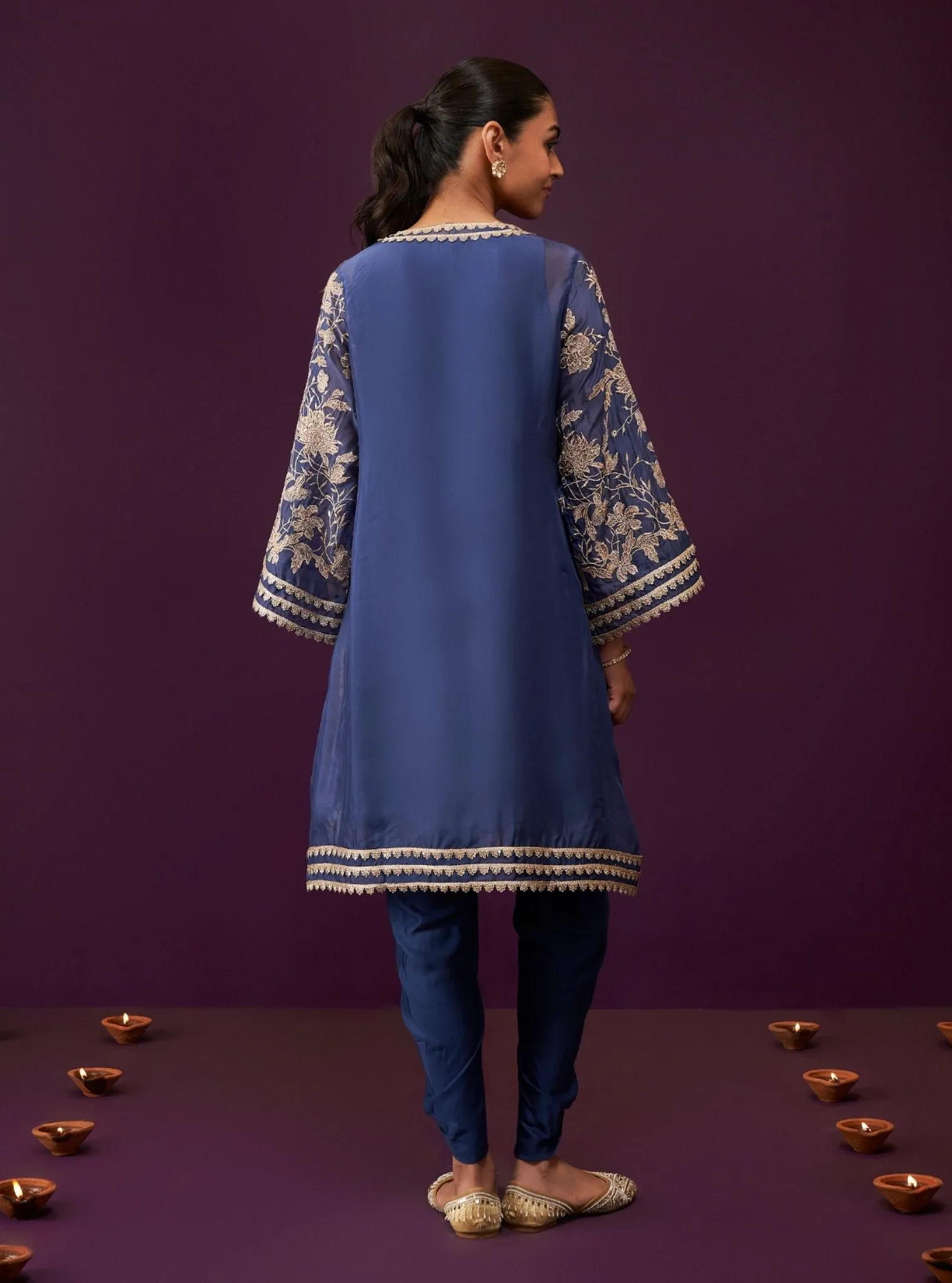 Mulmul Organza Sunee Navy Kurta With Mulmul Cupro Satin Sunee Navy Salwar