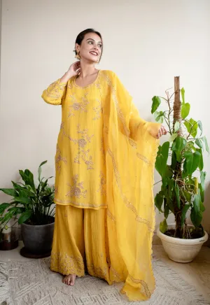 Mustard Crush Tissue Hand Embroidered Sharara Set
