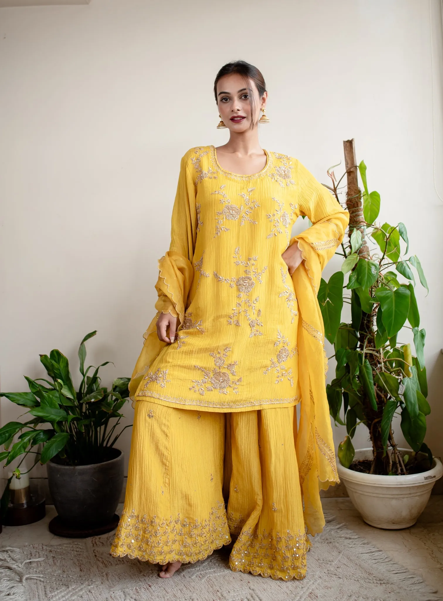 Mustard Crush Tissue Hand Embroidered Sharara Set