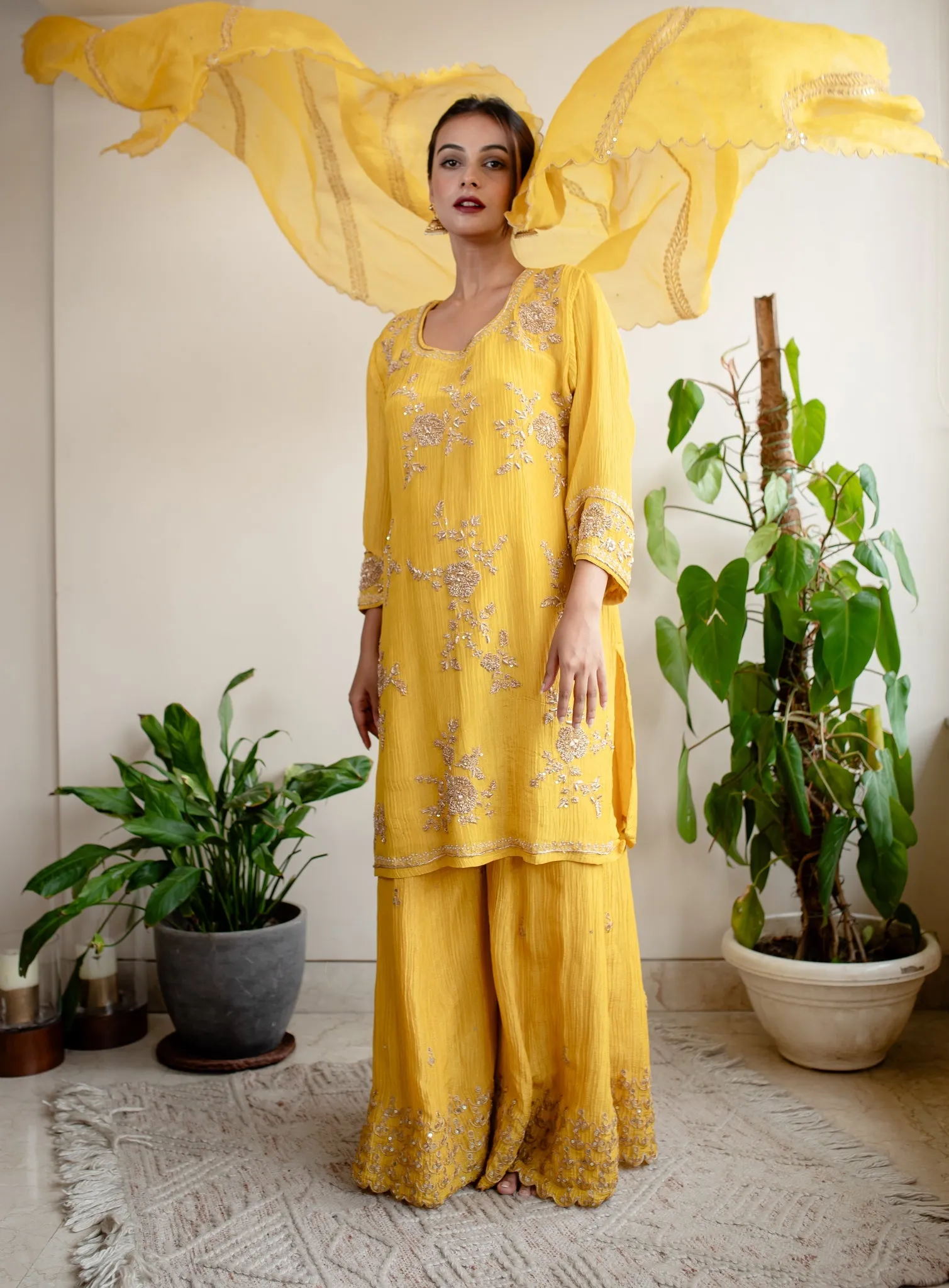Mustard Crush Tissue Hand Embroidered Sharara Set