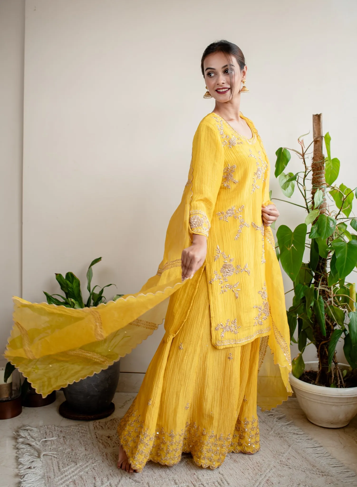 Mustard Crush Tissue Hand Embroidered Sharara Set