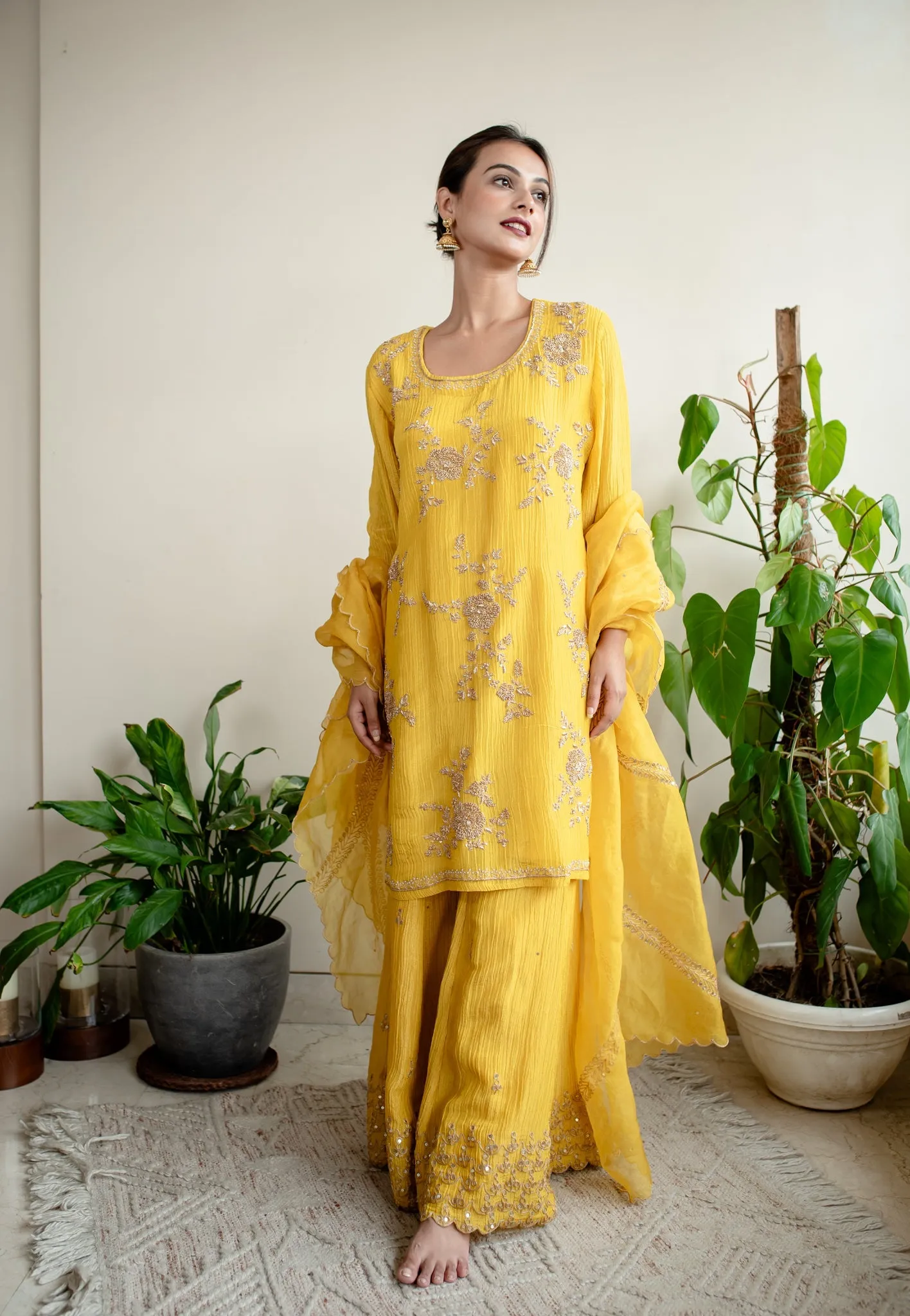 Mustard Crush Tissue Hand Embroidered Sharara Set