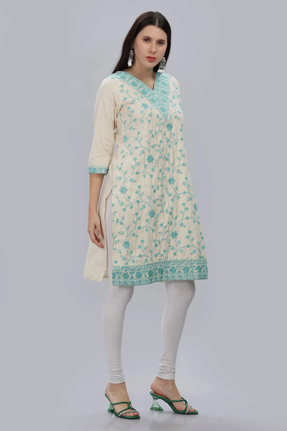 Mythri V Neck Embroidered Kurta With 3/4th Sleeves  - Sky Blue - KU11