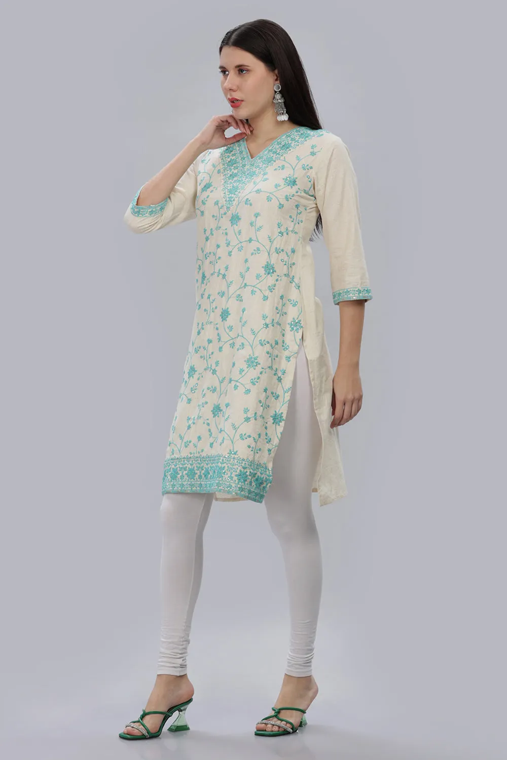Mythri V Neck Embroidered Kurta With 3/4th Sleeves  - Sky Blue - KU11