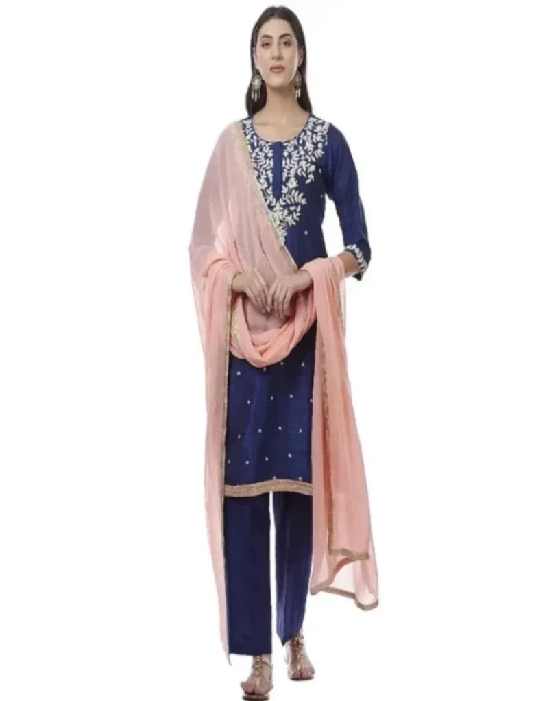 Navy Blue Embroidered Chanderi Silk Kurti
