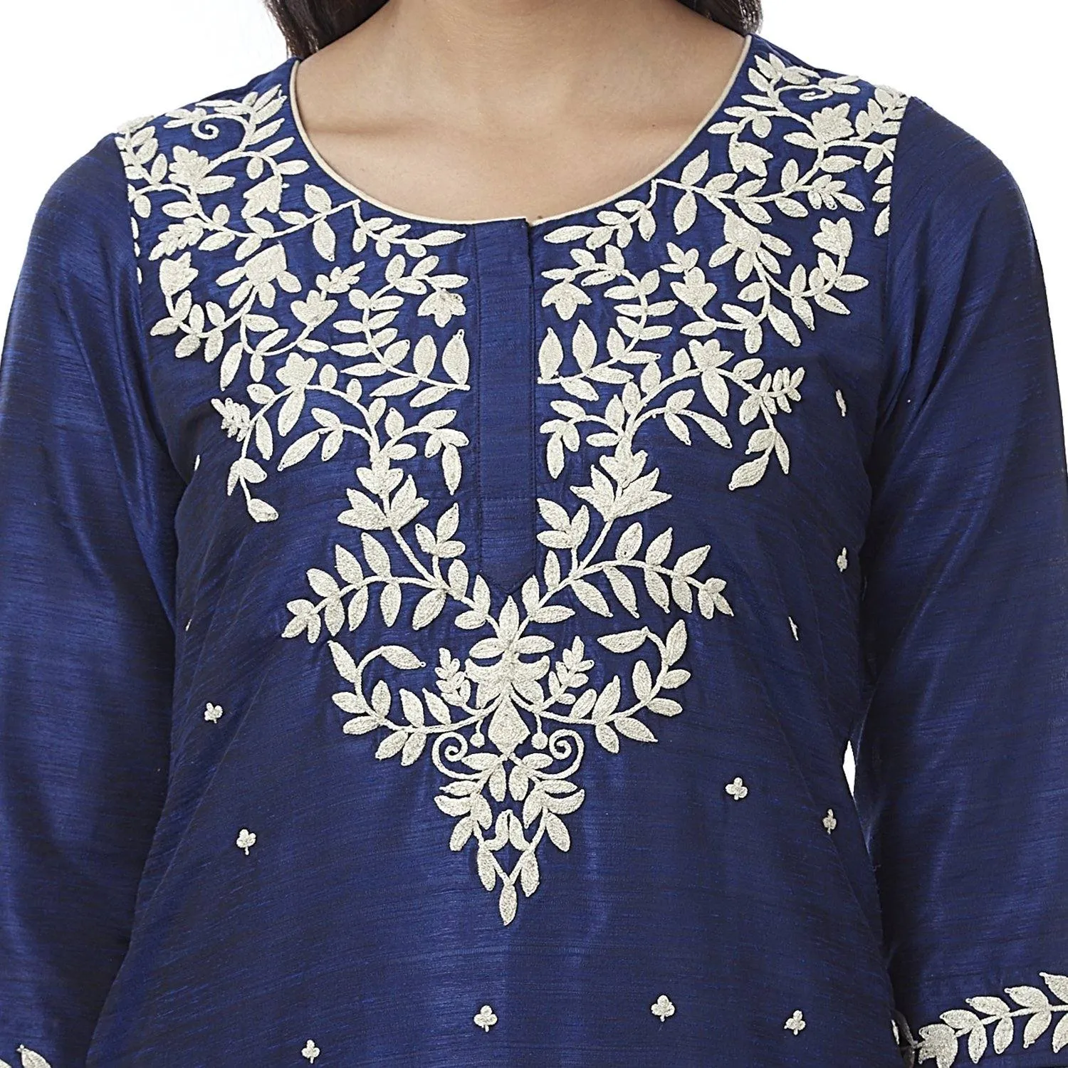 Navy Blue Embroidered Chanderi Silk Kurti