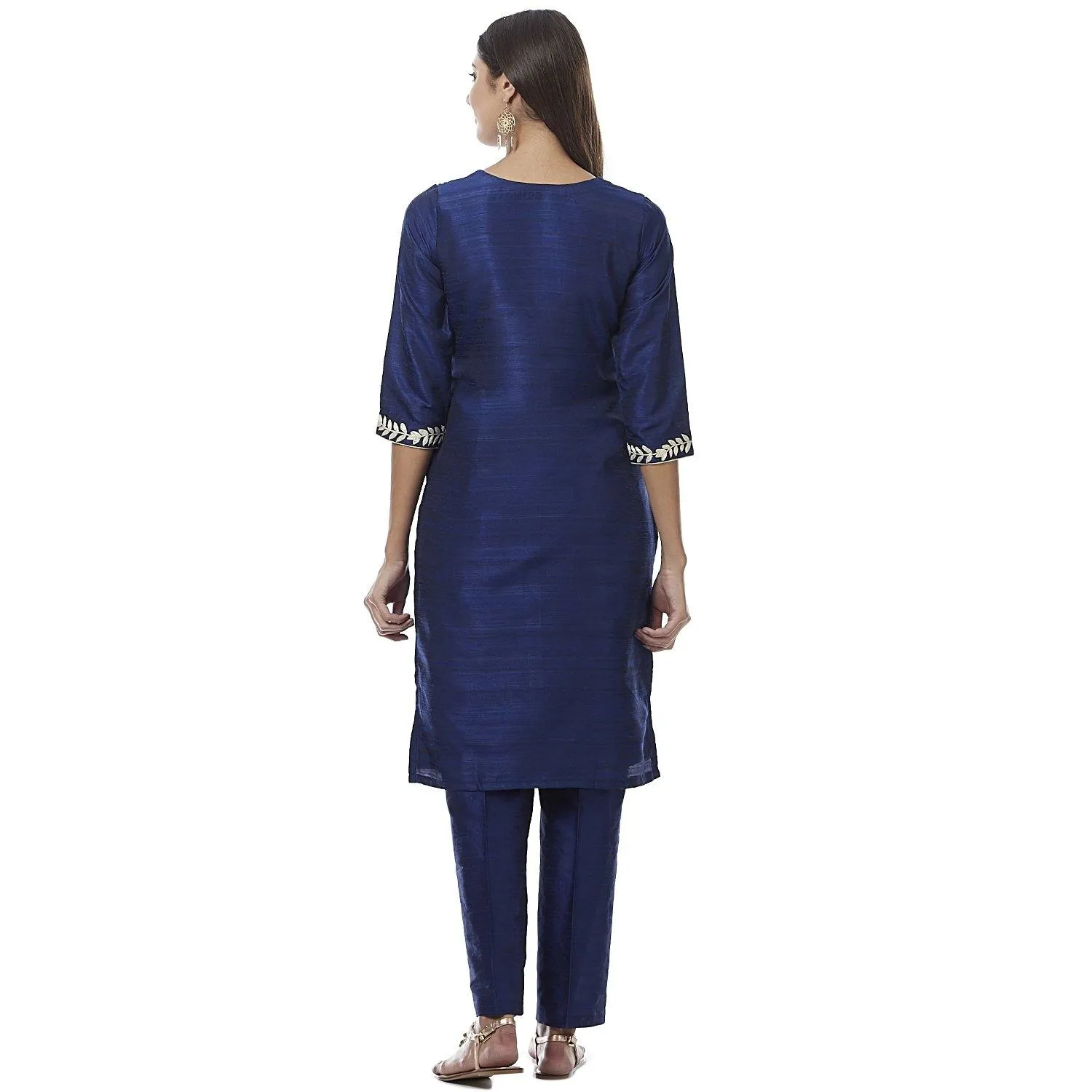 Navy Blue Embroidered Chanderi Silk Kurti