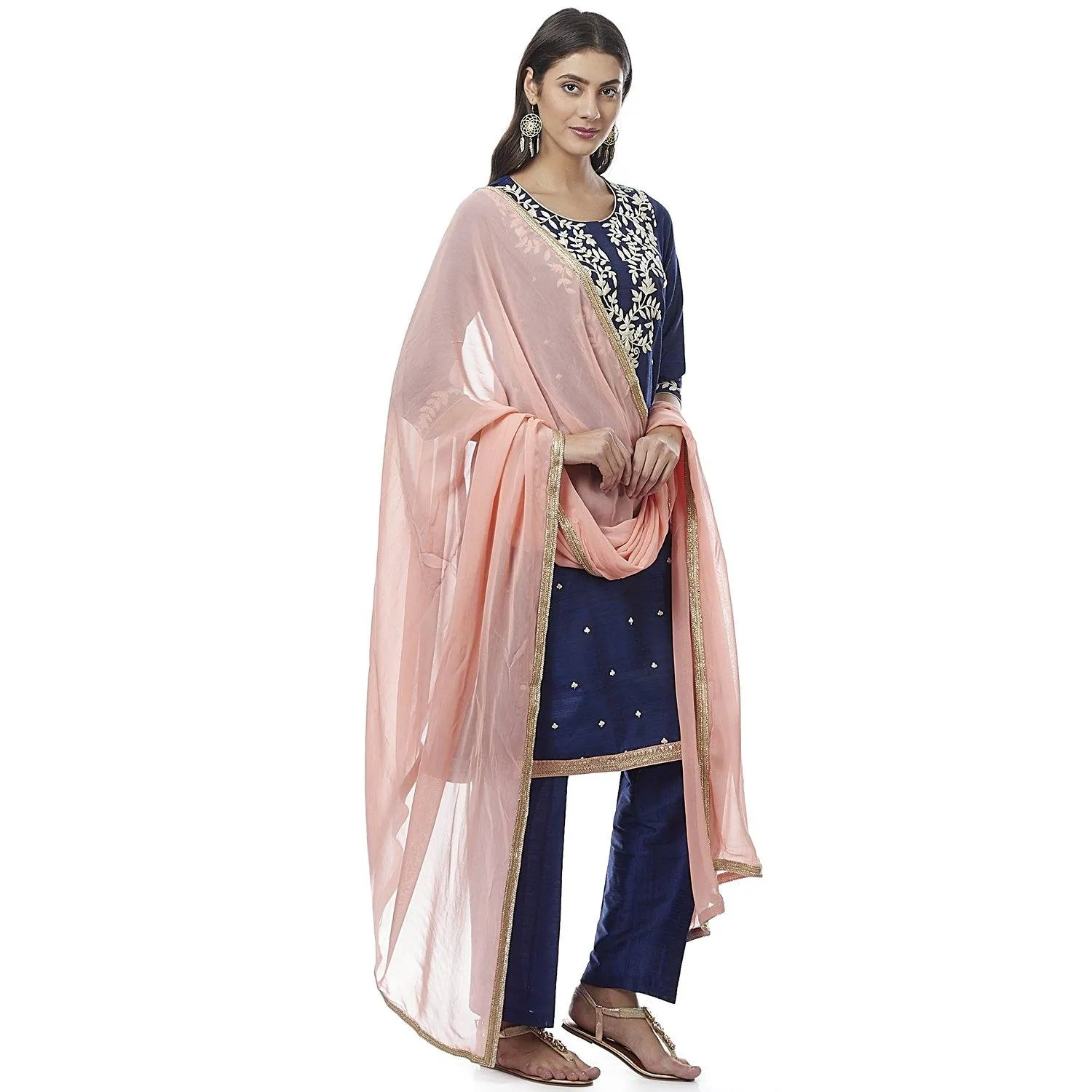 Navy Blue Embroidered Chanderi Silk Kurti