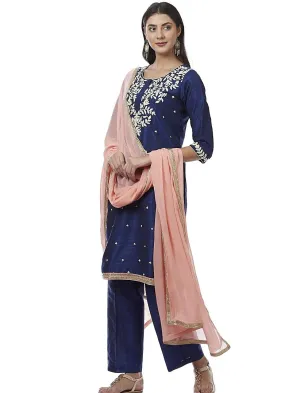 Navy Blue Embroidered Chanderi Silk Kurti