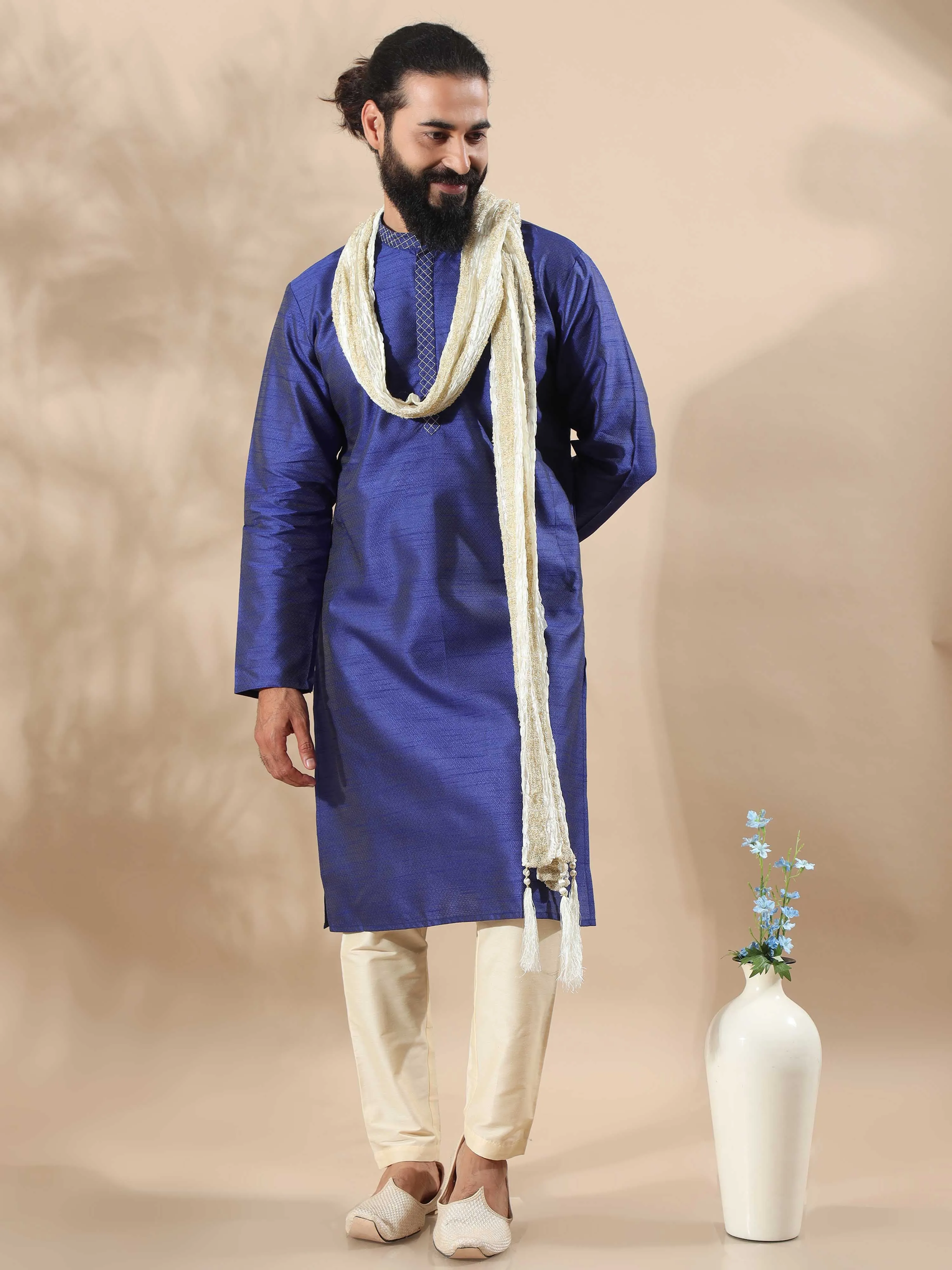 Navy Blue Embroidered Long Kurta