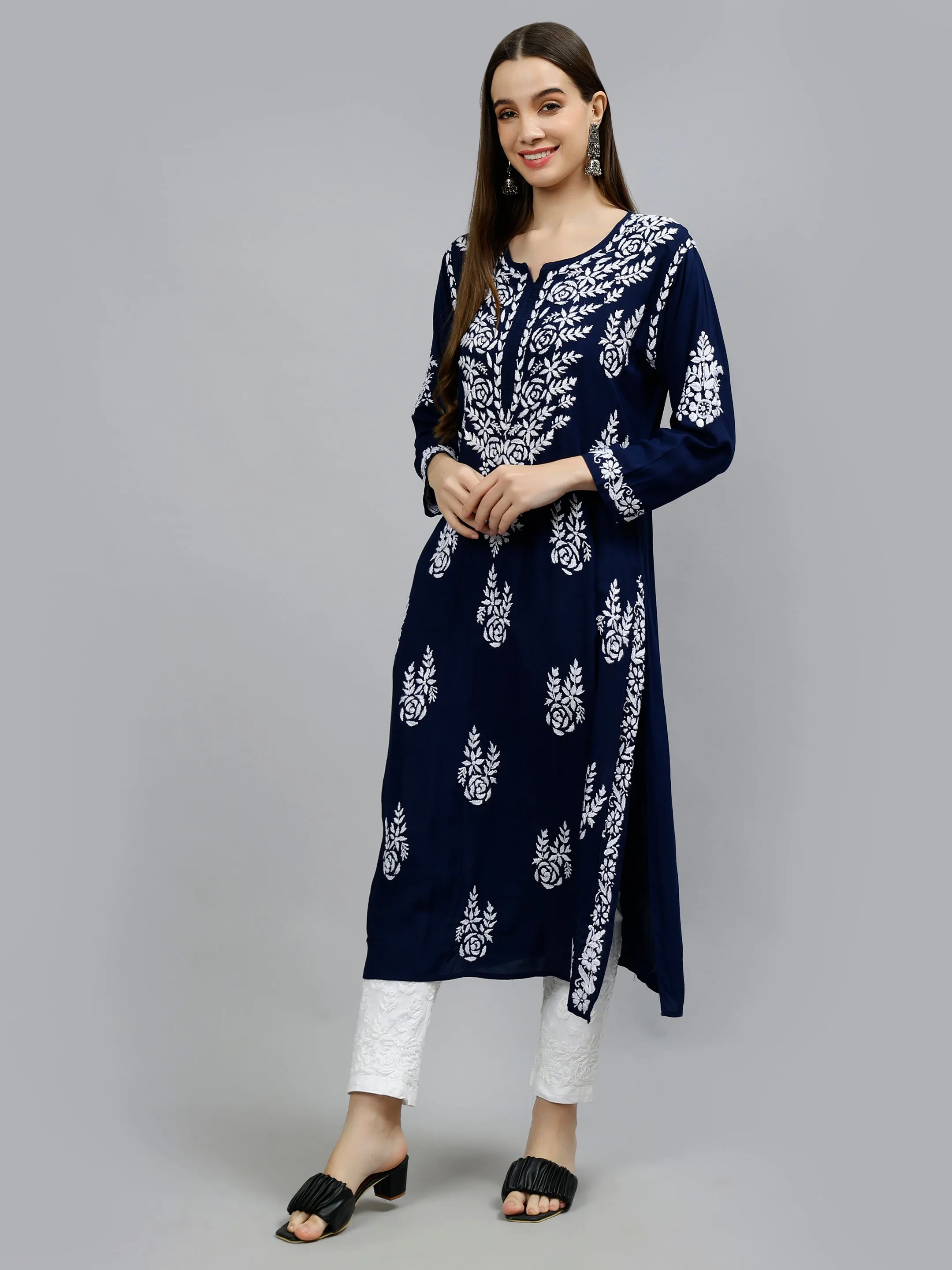 Navy Blue Modal Hand Embroidered Chikankari Kurti