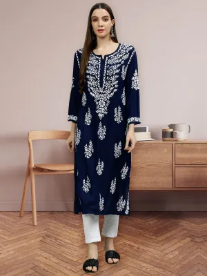 Navy Blue Modal Hand Embroidered Chikankari Kurti