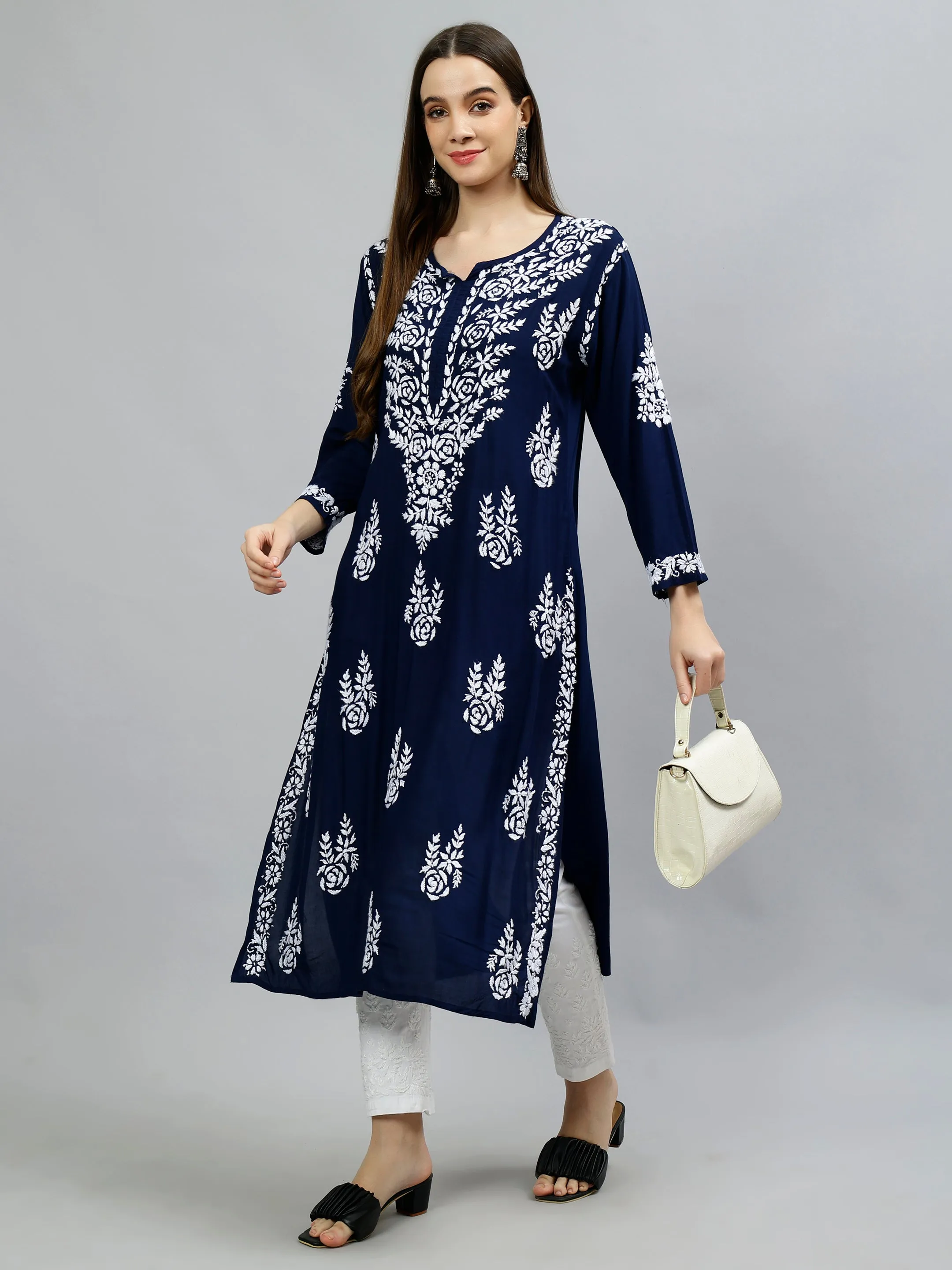 Navy Blue Modal Hand Embroidered Chikankari Kurti