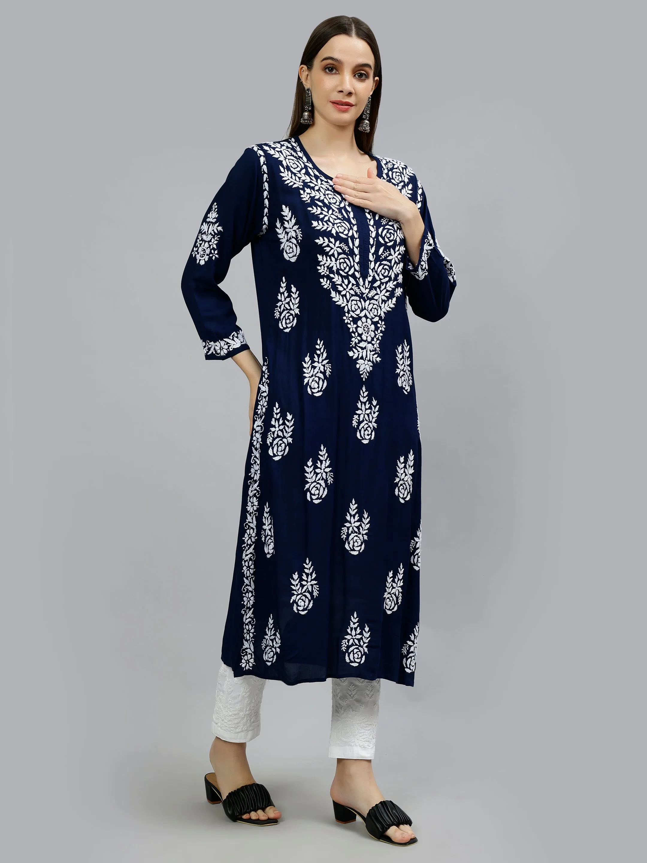 Navy Blue Modal Hand Embroidered Chikankari Kurti