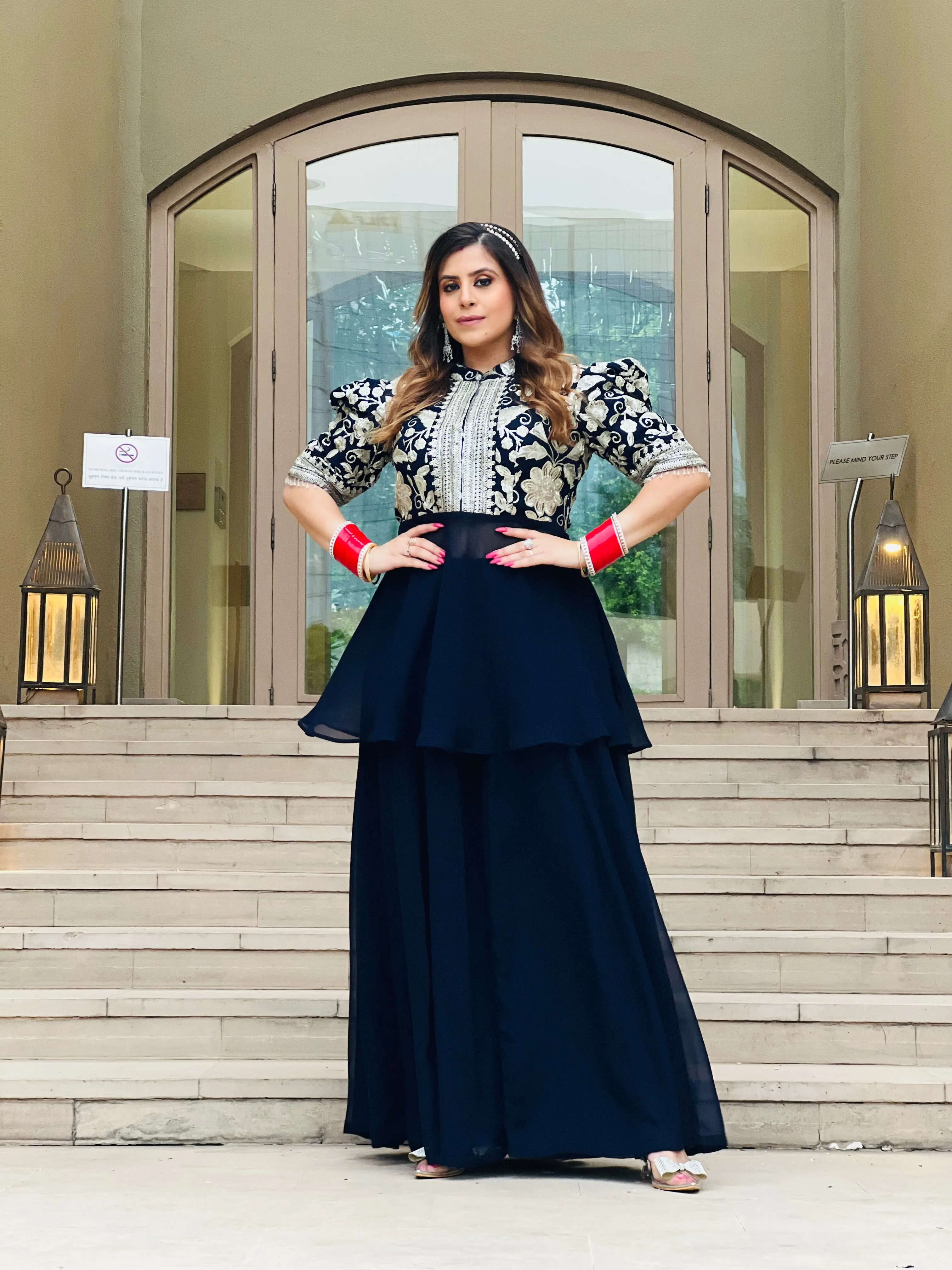 Navy Blue Peplum Sharara Suit