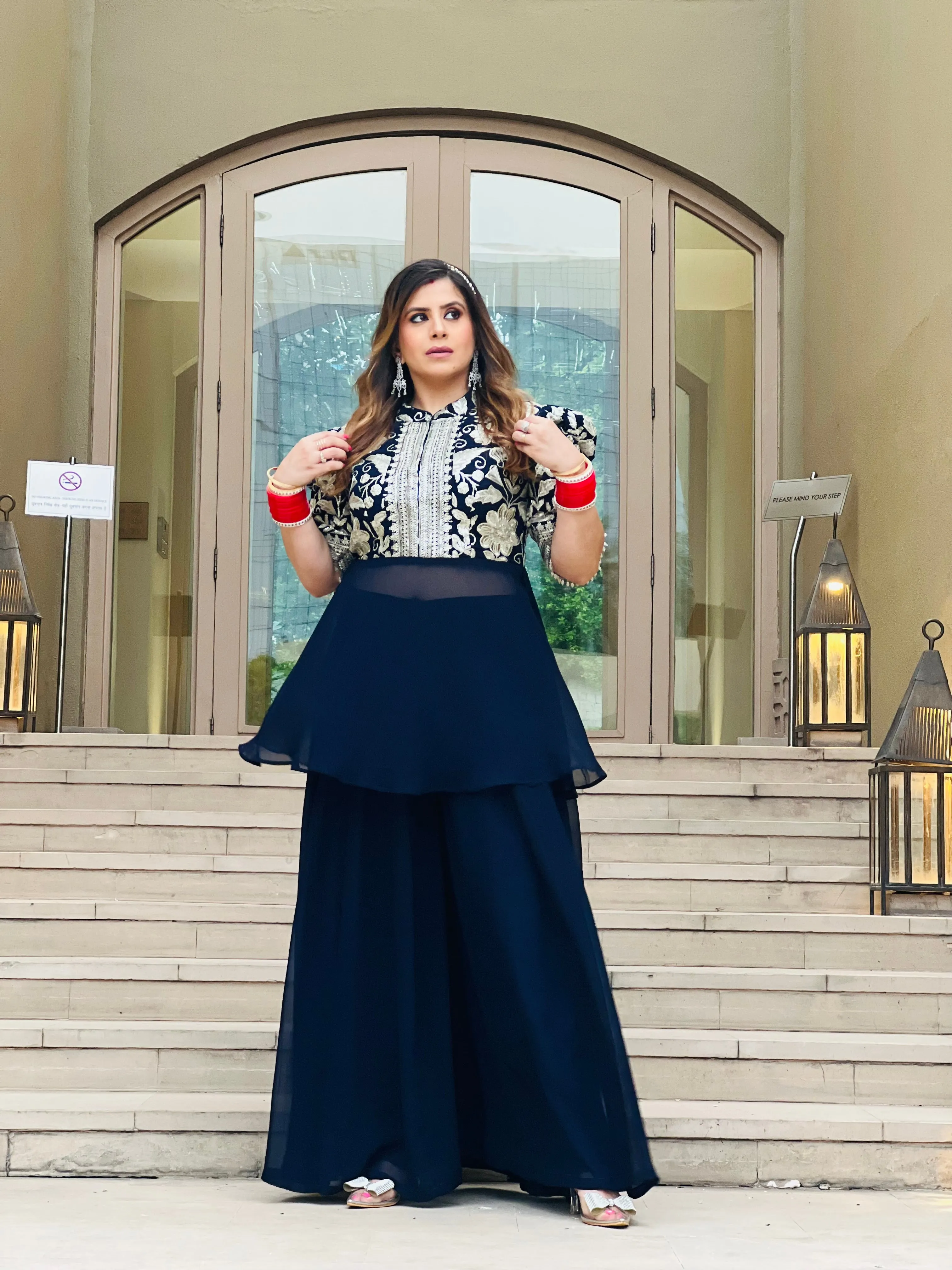 Navy Blue Peplum Sharara Suit