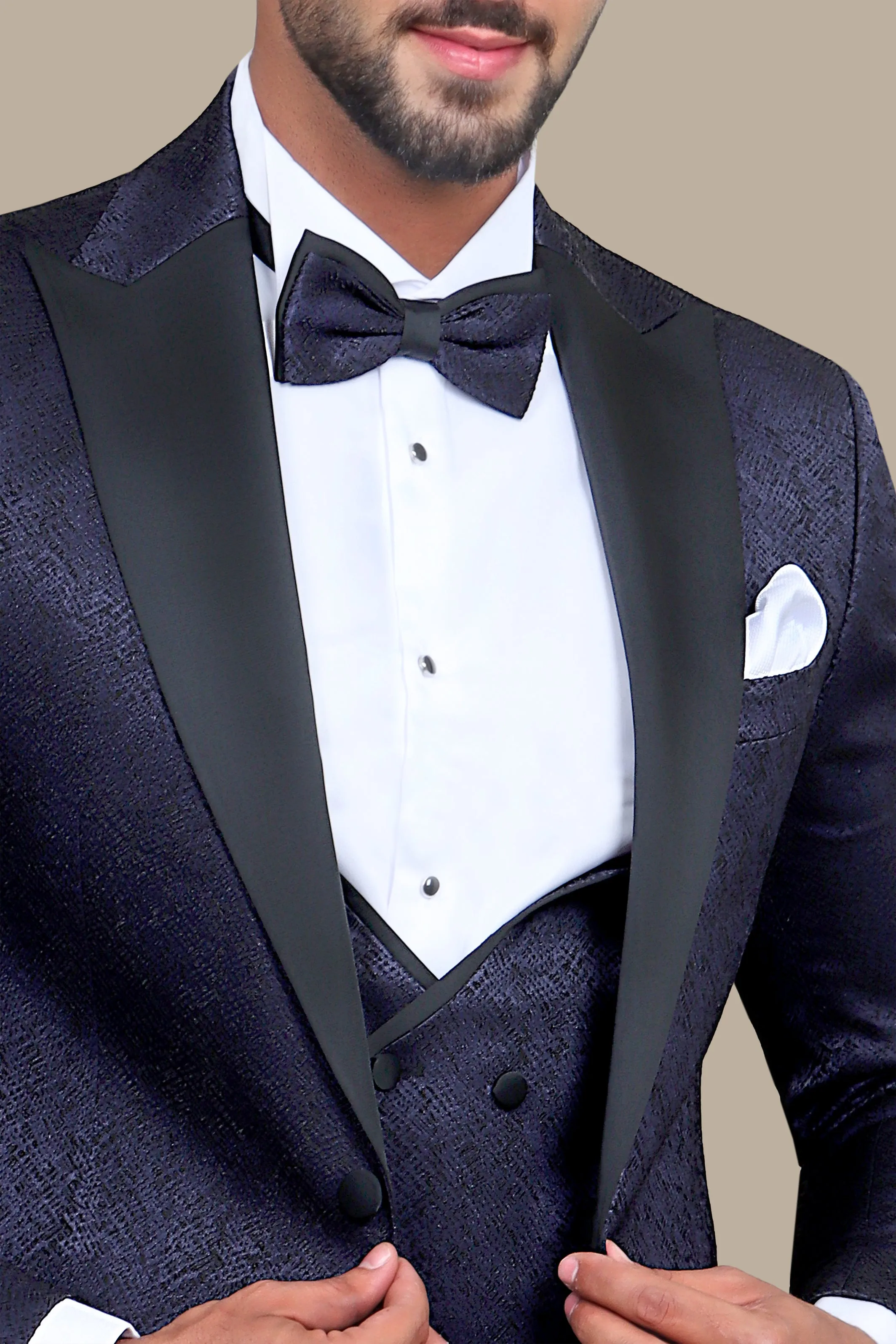 Navy Elegance: Tuxedo Peak Pattern in 4-Piece Shiny Set