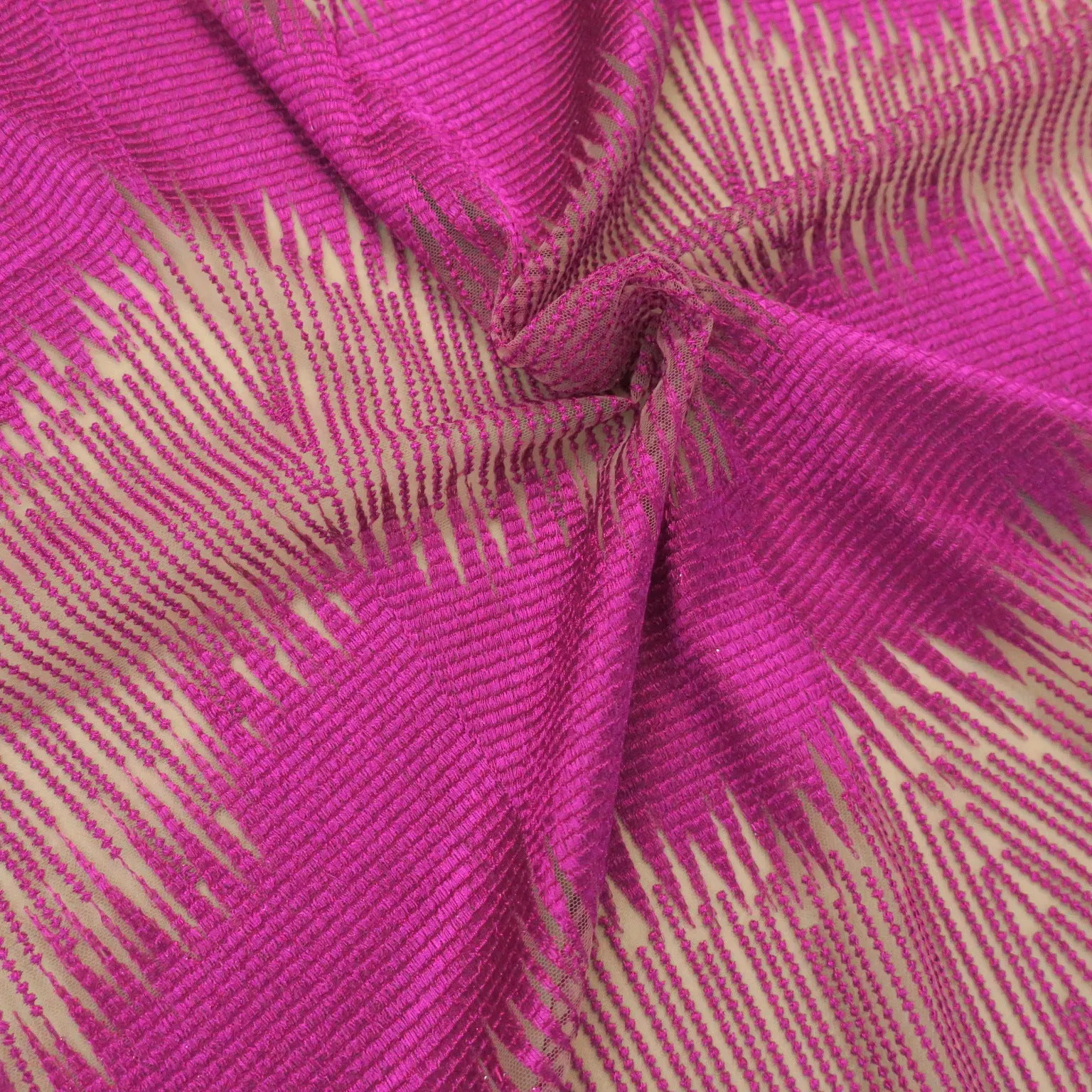 Nude Tulle with Magenta Embroidery Abstract Fabric