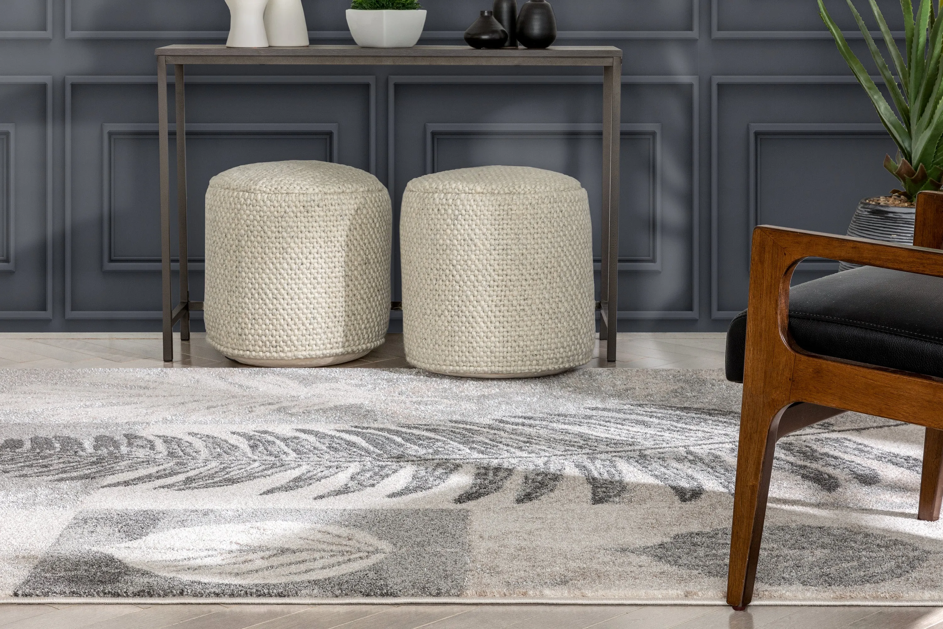 Odette Botanical Transitional Leaves Grey Vintage Rug