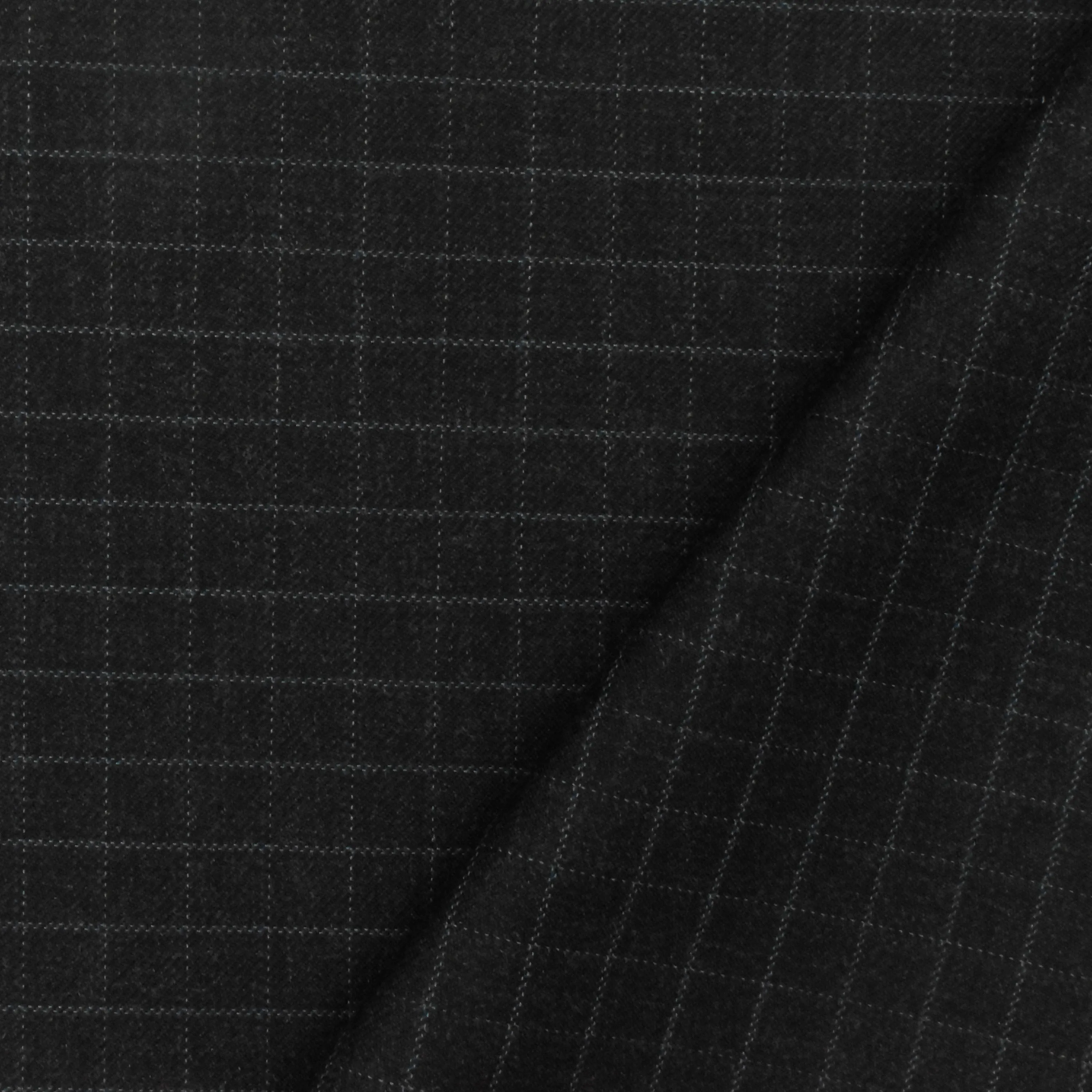 Off Black-Gray-Blue Check Wool-Poly Twill Woven Suiting Fabric