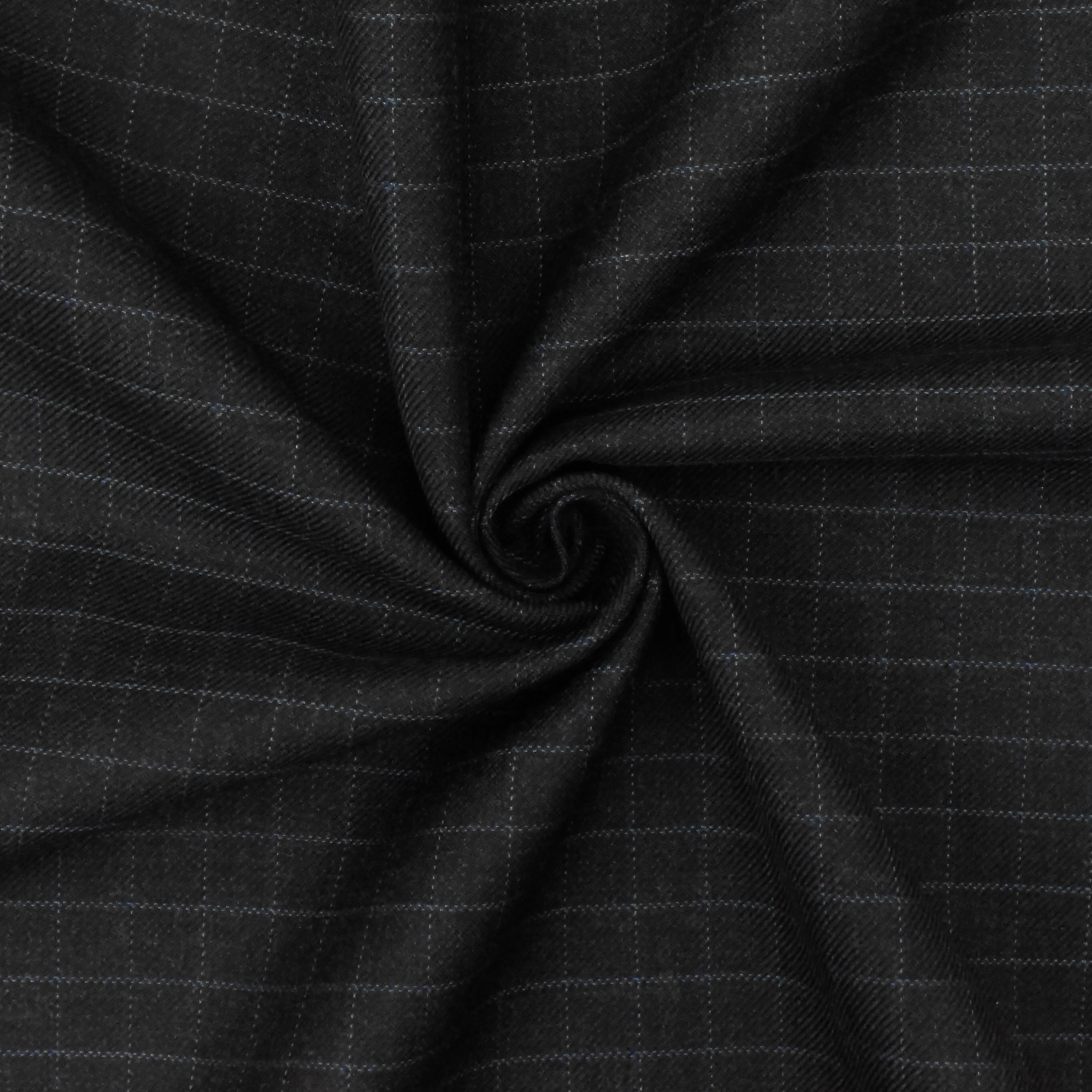 Off Black-Gray-Blue Check Wool-Poly Twill Woven Suiting Fabric
