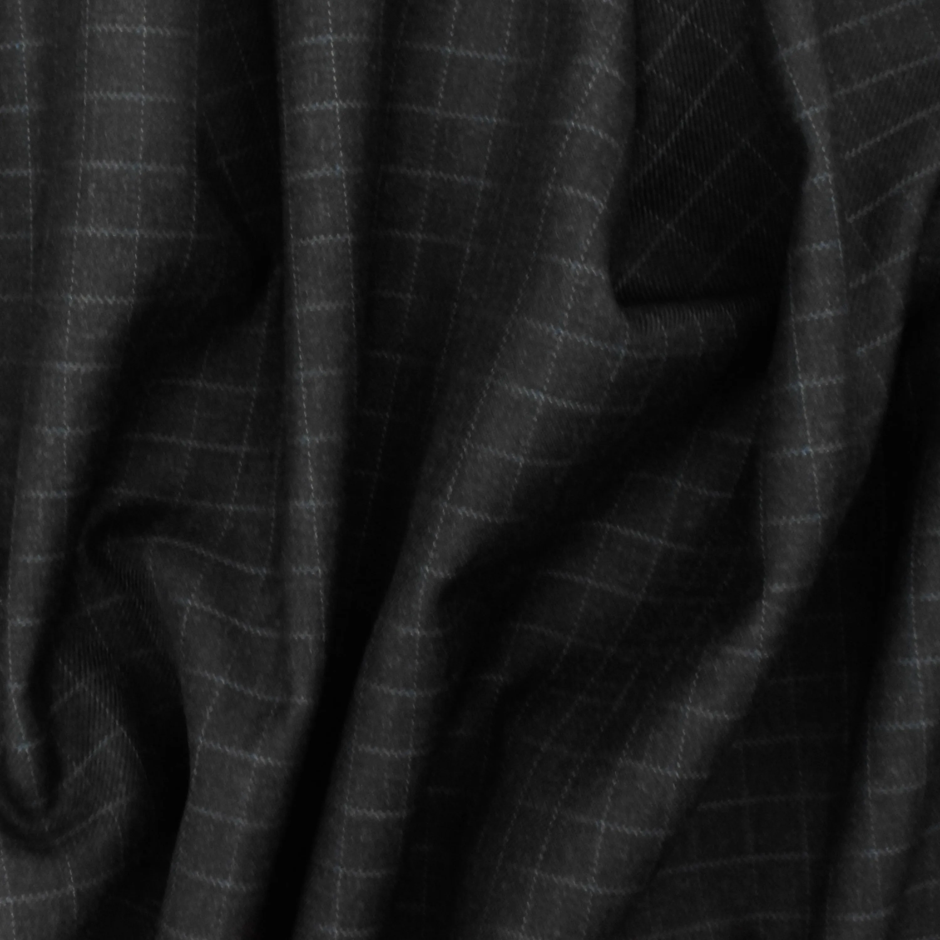 Off Black-Gray-Blue Check Wool-Poly Twill Woven Suiting Fabric