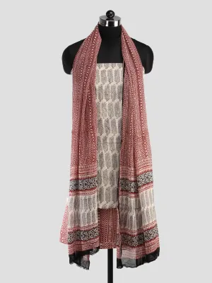 Off White Red Black Bagh Hand Block Printed Cotton Suit-Salwar Fabric With Chiffon Dupatta (Set of 3) - SU01HB410