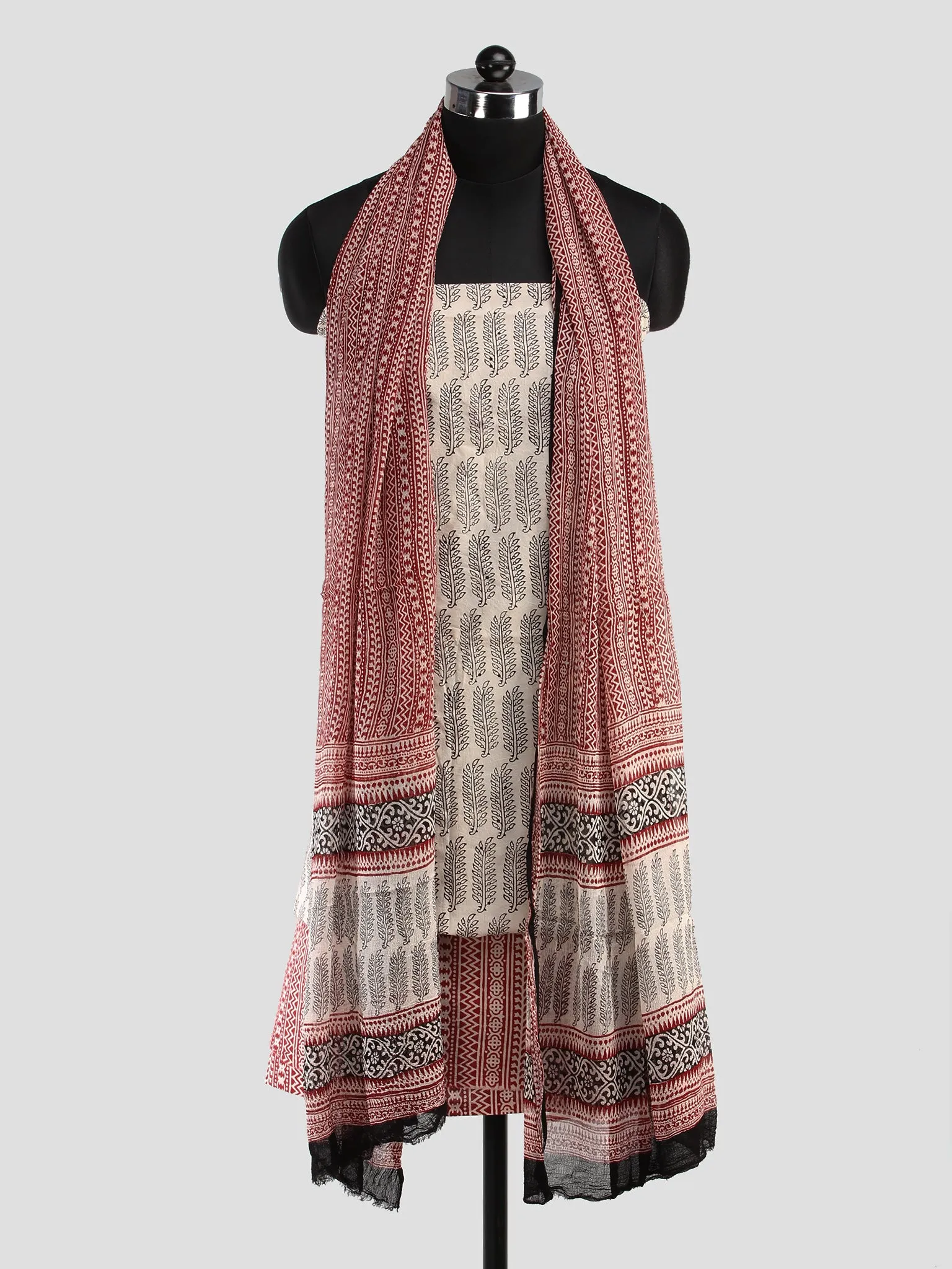 Off White Red Black Bagh Hand Block Printed Cotton Suit-Salwar Fabric With Chiffon Dupatta (Set of 3) - SU01HB410
