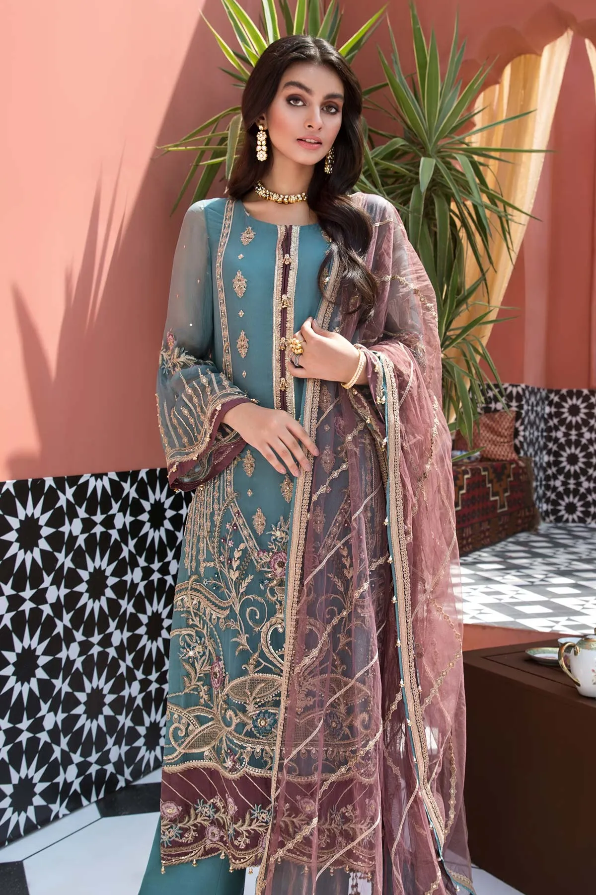 Pakistani Chiffon Embroidered Suit in Blue Color #PS12