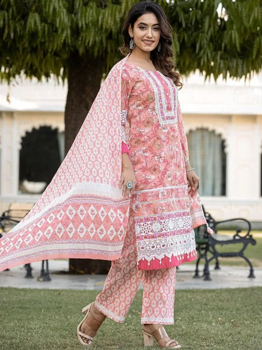 Peach Printed Gotta Patti Pure Cotton Pakistani Style Kurta With Trousers & Dupatta